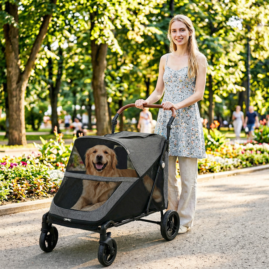 Dog Stroller for Large Dogs Up to 66 LBS with All-Terrain Spring Suspension, 8-Position Adjustable Handle, Gray