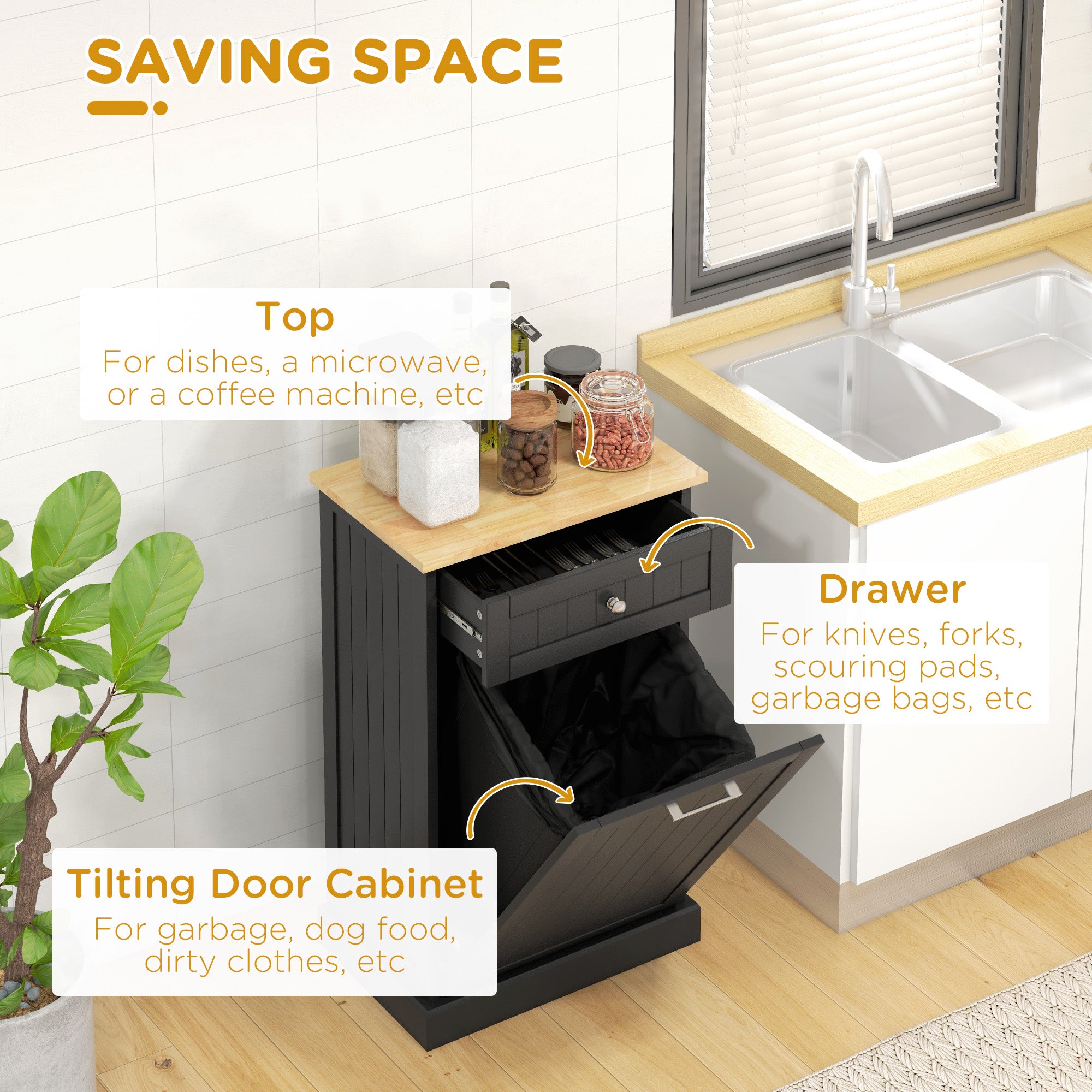 10 Gallon Tilt Out Trash Cabinet, Wooden Hidden Trash Can with Storage Drawer for Kitchen, Laundry Hamper Cabinet for Bathroom, Black