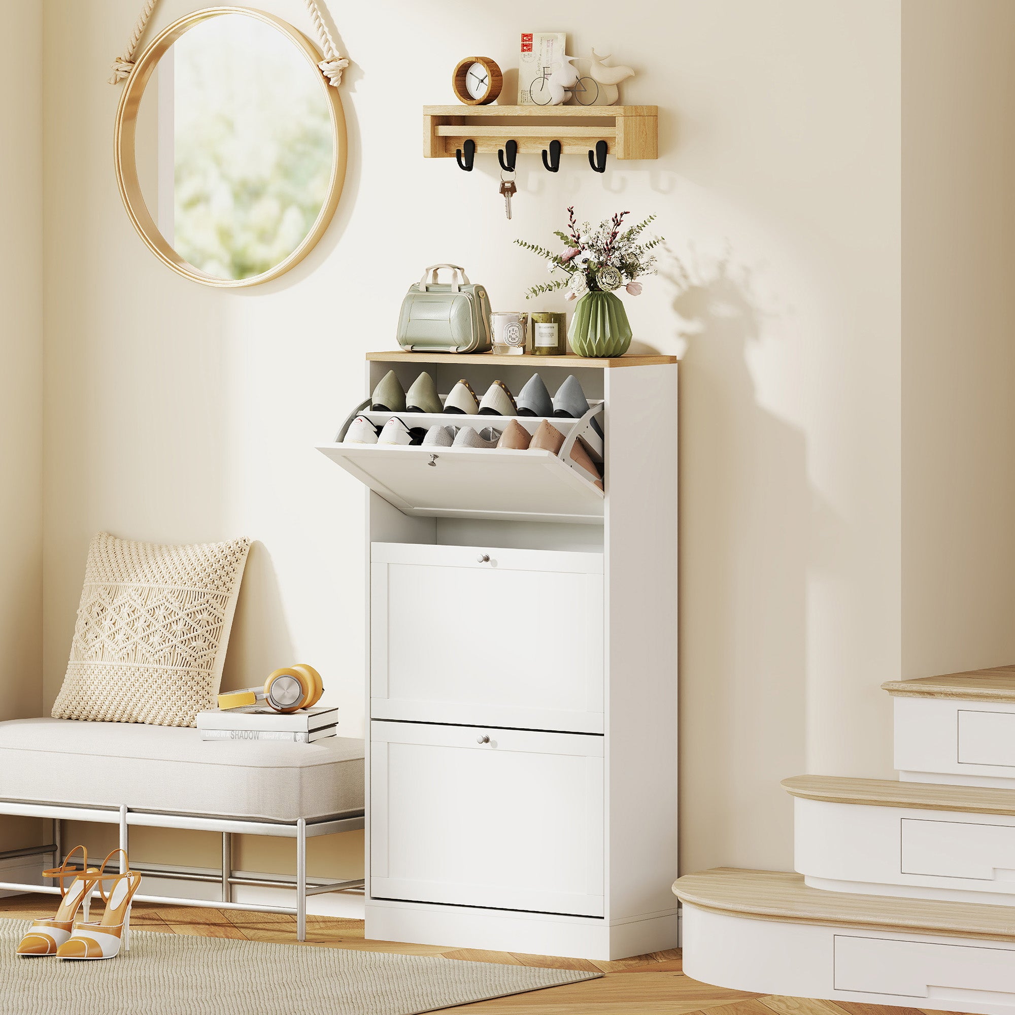 Modern Shoe Storage Cabinet with 3 Flip Drawers and Adjustable Shelves for 12-18 Pairs of Shoes, White