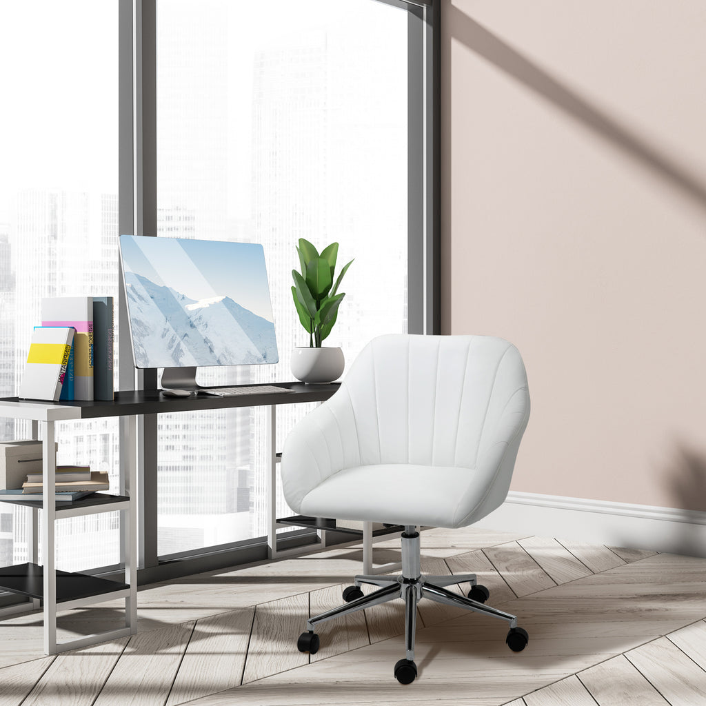 Mid Back Home Office Chair Computer Desk Chair with PU Leather, Adjustable Height, Swivel Wheels for Study, Bedroom, White