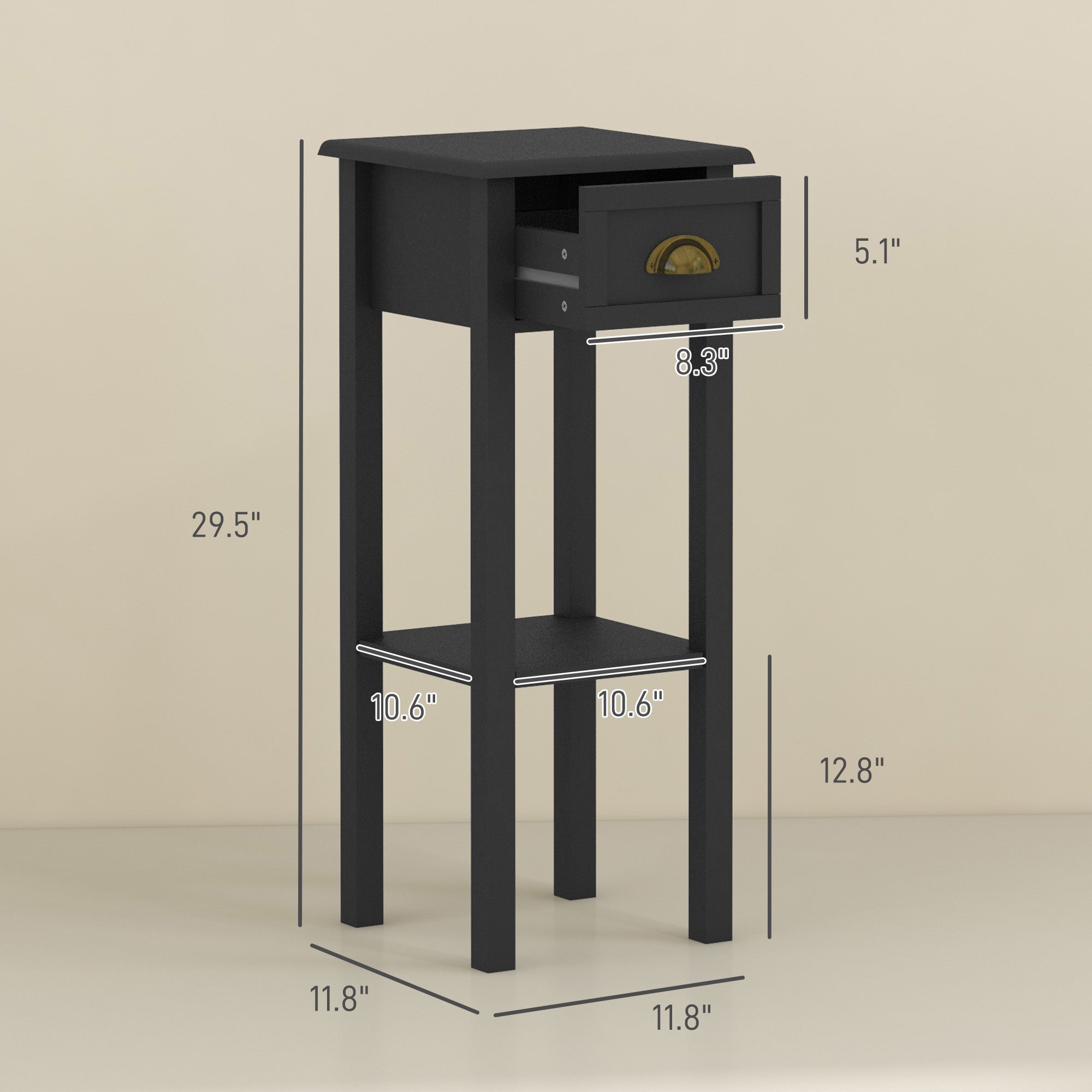 2-Tier Side Tables Set of 2 with Drawer and Shelf, 2 Pieces End Tables for Living Room and Hallway, Black