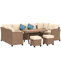 6 Piece Patio Furniture Set, PE Wicker Outdoor Furniture Conversation Set with 3 Sofas, 2 Ottomans and Slatted WPC Top Dining Table, All Weather Sectional Sofa Couch with Pillows, Khaki