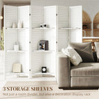 6 Panel 67" Tall Wood Privacy Screen Room Divider with 3 Shelves and Folding Storage for Bedroom, White