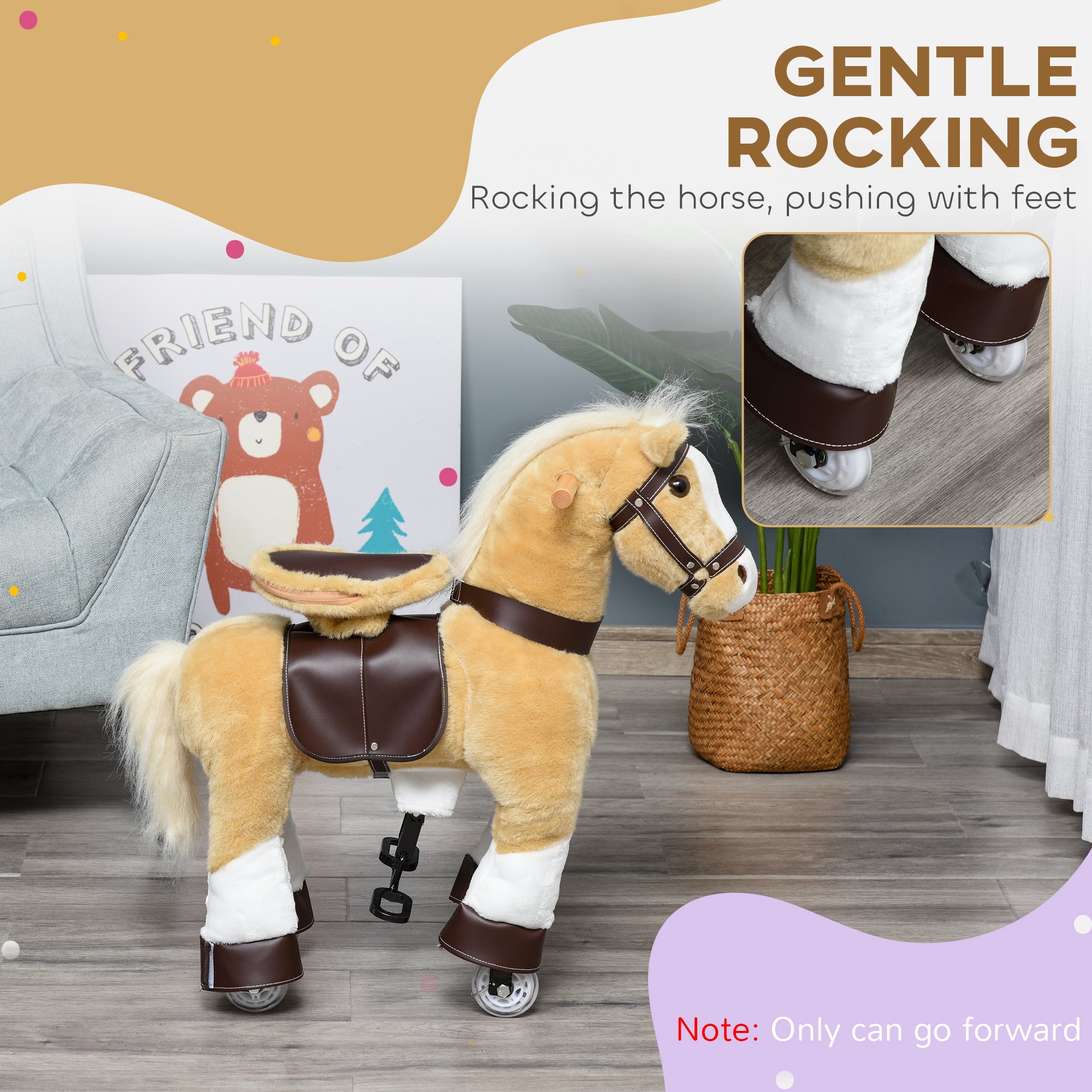 Ride on Horse, Plush Walking Horse Toy, Kids Riding Chair with Wheels for Kids 3-9 Years, Light Brown
