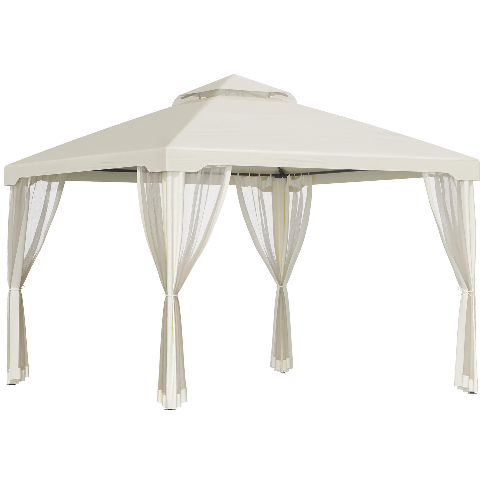 9.6' x 9.6' Patio Gazebo, Outdoor Canopy Shelter with 2-Tier Roof and Netting, Steel Frame for Garden, Lawn, Backyard, and Deck, Cream White