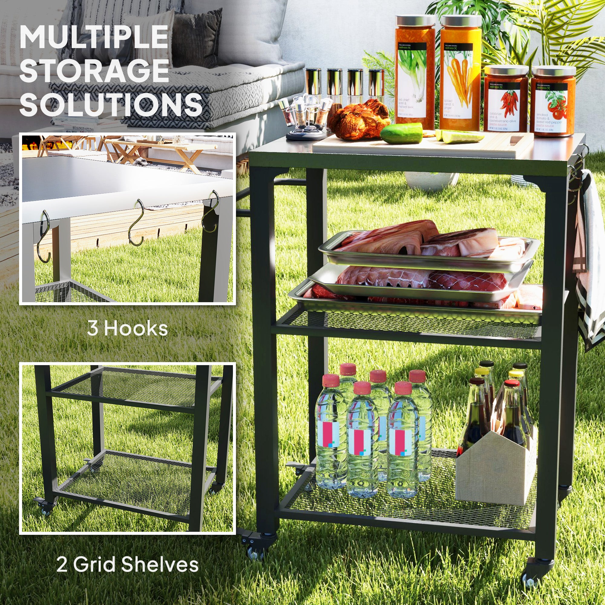 3-Shelf Outdoor Grill Cart with Stainless Steel Tabletop, Movable Pizza Oven Table with Hooks, Side Handle, Wheels
