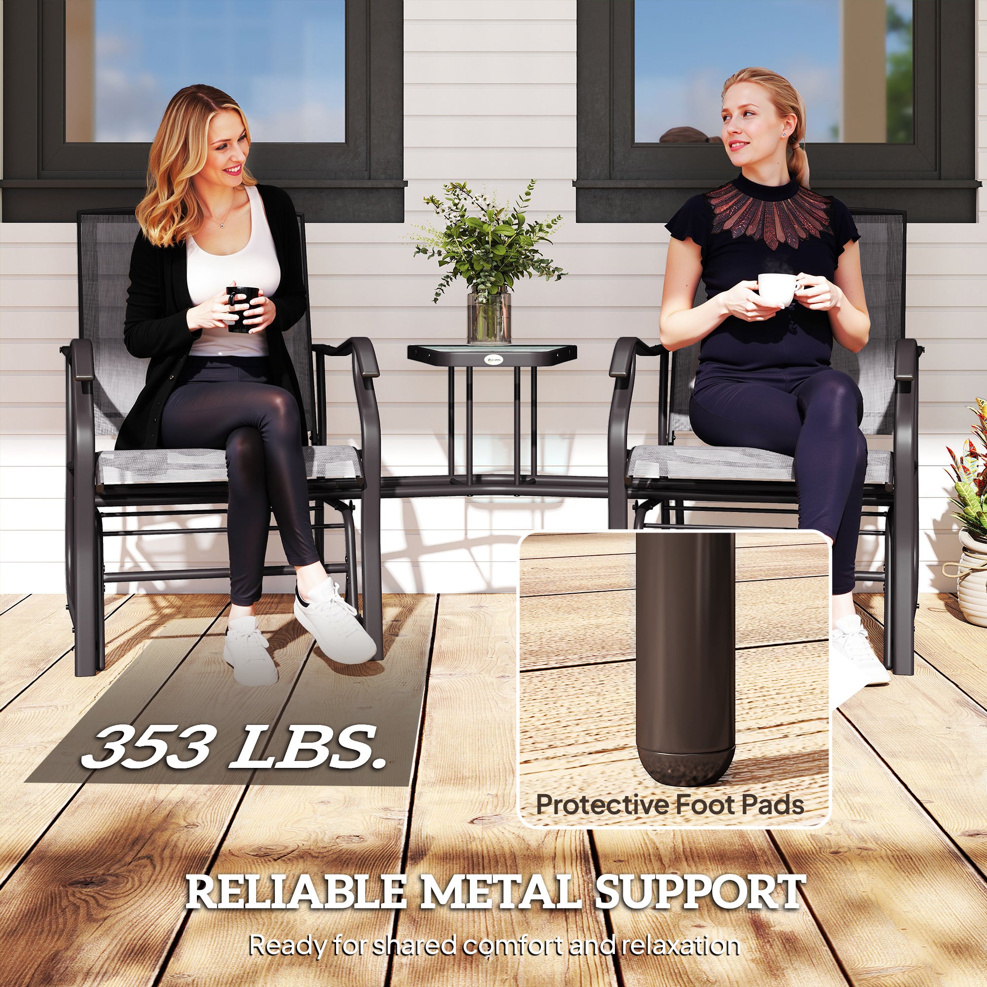 Outdoor Glider Chairs with Coffee Table, Patio 2-Seat Rocking Chair Swing Loveseat with Breathable Sling for Backyard, Garden, and Porch, Gray