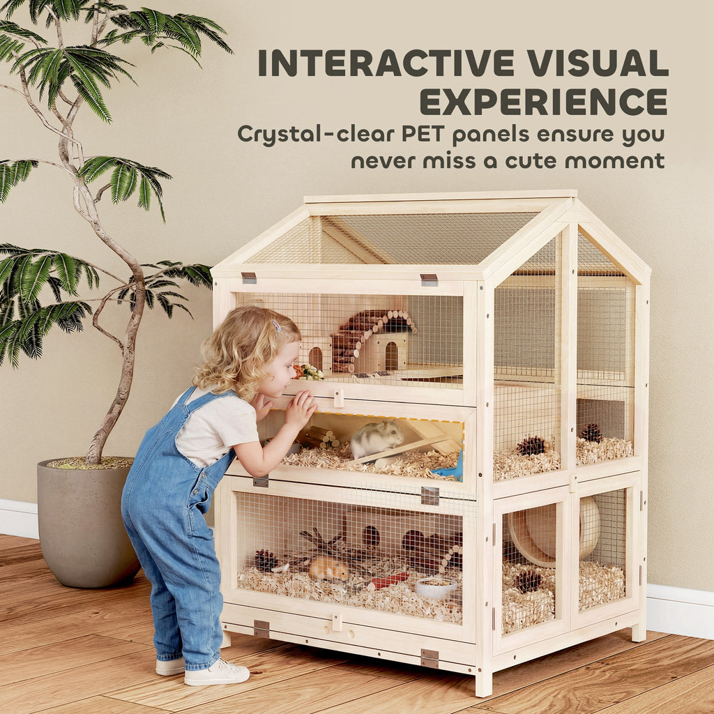 Wooden Hamster Cage, Large 3 Tier Hamster Cage w/ Pull-Out Tray, Openable Top, Hut, Seesaws, 26.8"L x 24.2"W x 35.4"H
