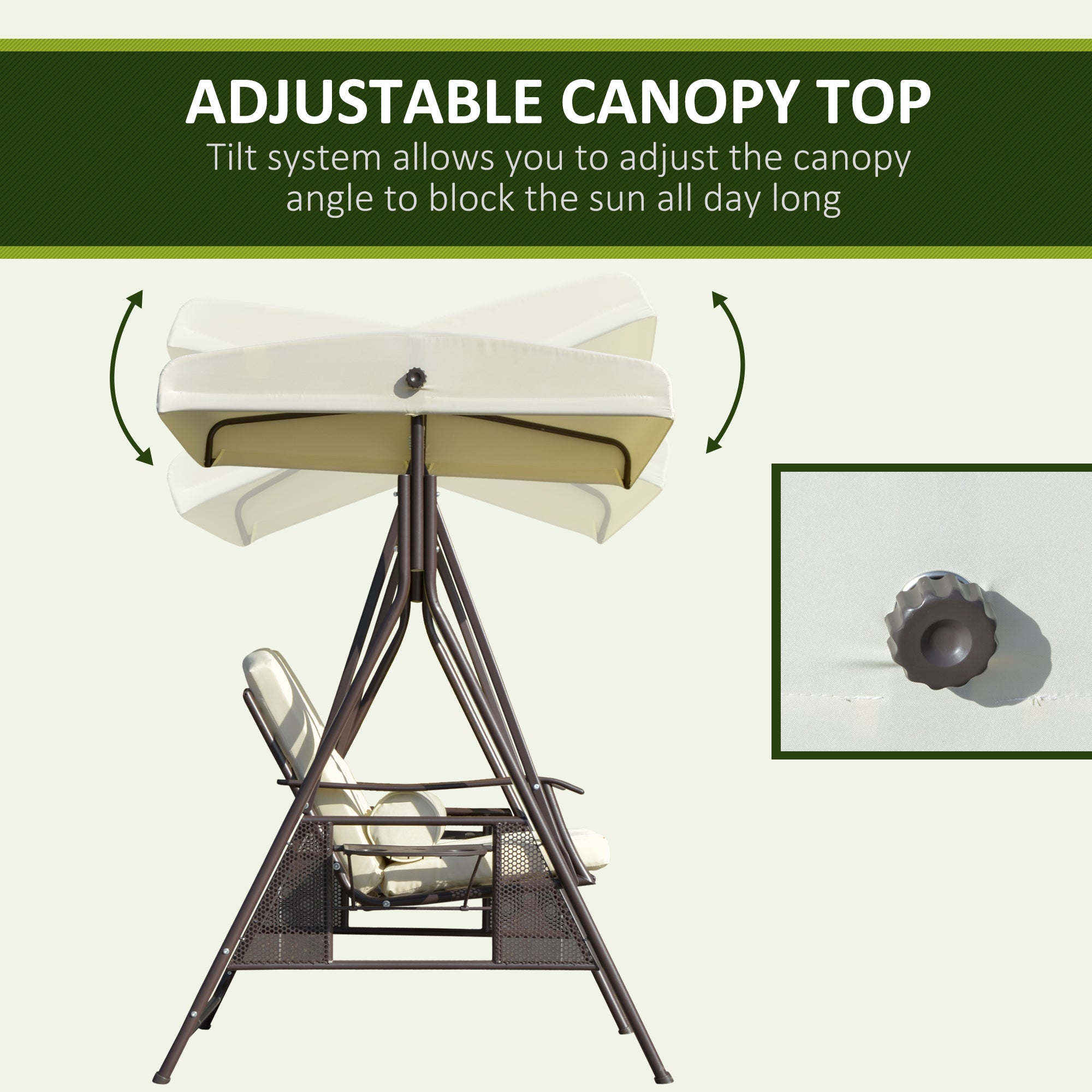 2-Person Patio Swing Bench with Adjustable Shade Canopy, Soft Cushions, Throw Pillows and Tray, Beige.