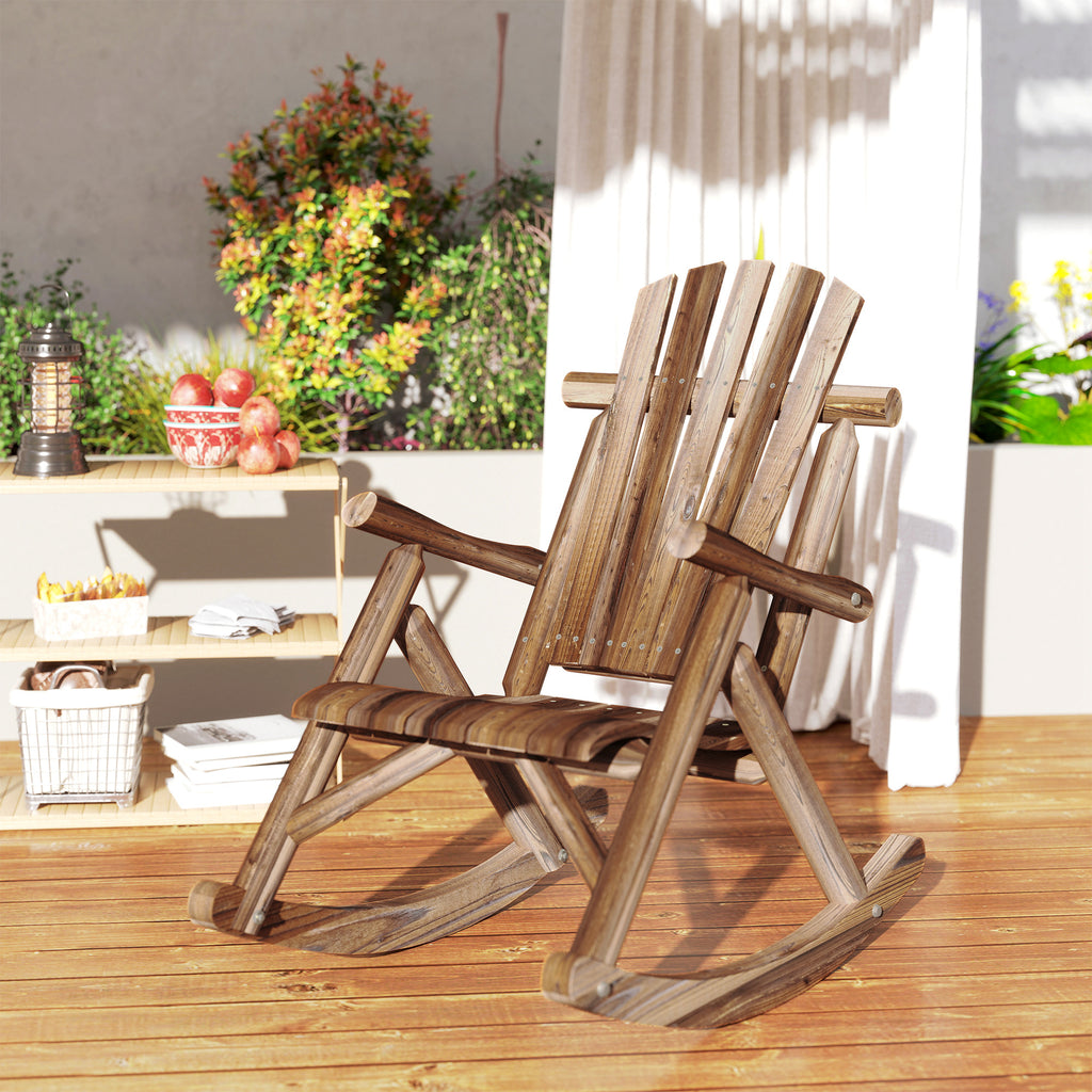 Outdoor Wooden Rocking Chair, Single-Person Adirondack Rocking Patio Chair with Rustic High Back, Slatted Seat and Backrest for Indoor, Backyard, Garden, Carbonized