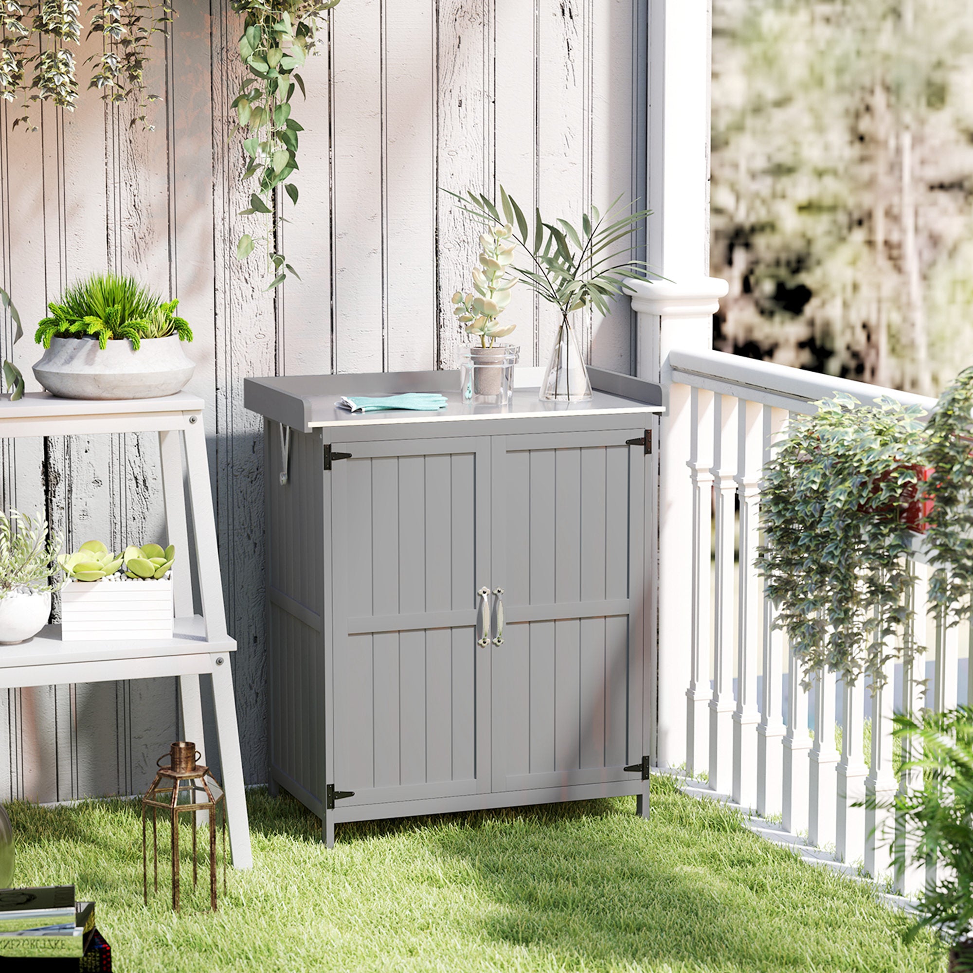 Outdoor Storage Cabinet, Garden Tool Shed with Metal Tabletop and Shelf, Wooden Potting Bench with 2 Doors, Gray