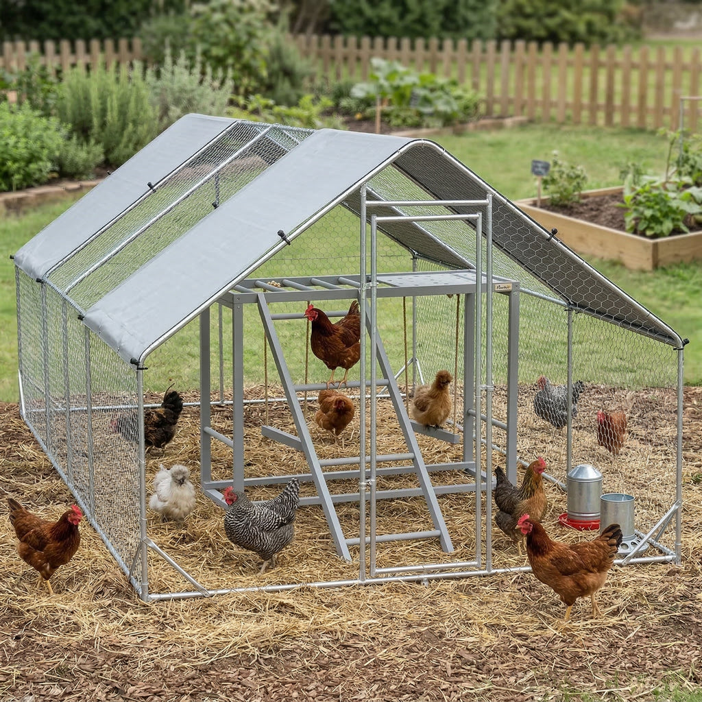 Chicken Activity Play with Swing Set for 3–4 Birds, Wooden Chicken Coop Accessory with Multiple Perches & Hen Ladder, Gray