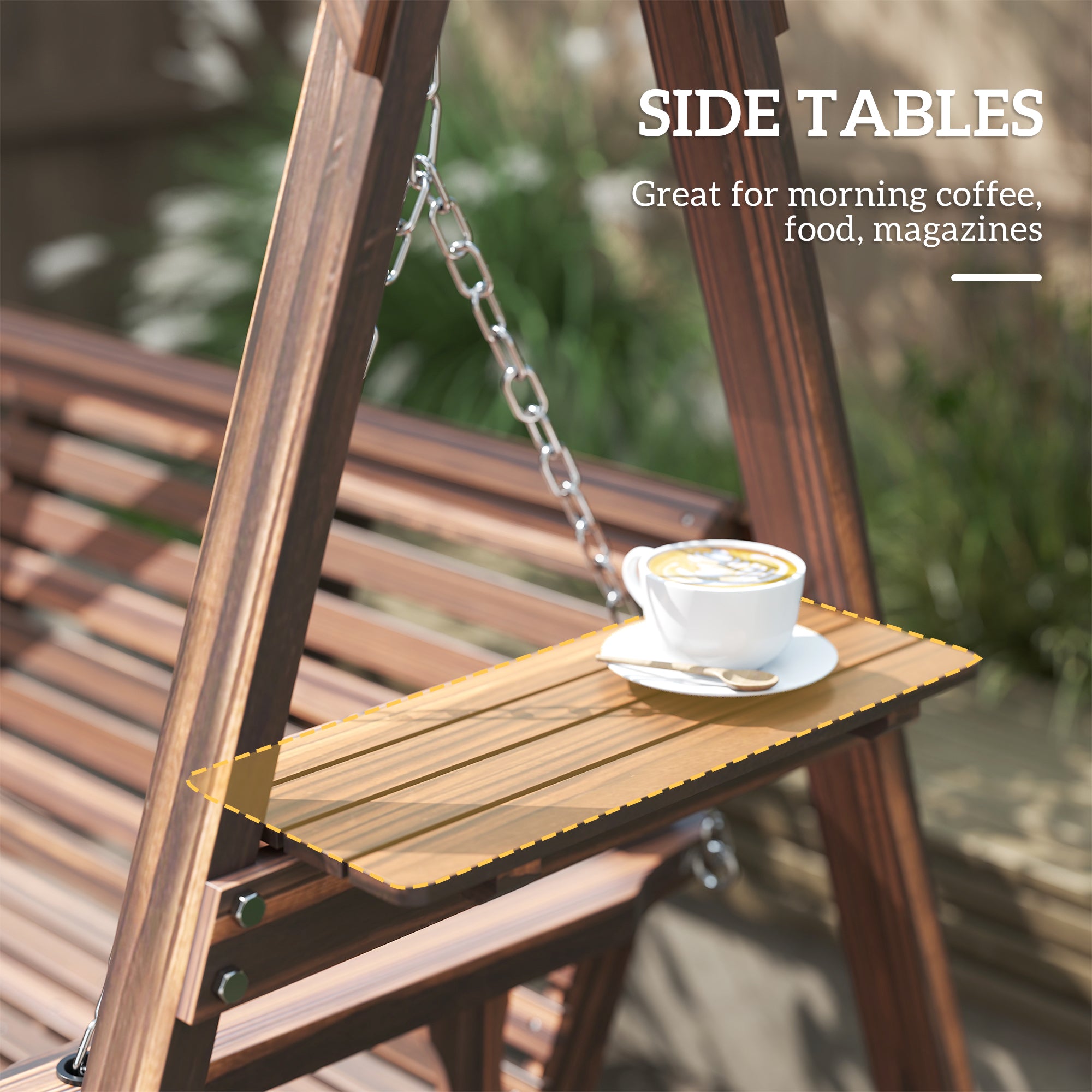 3 Seat Wooden Porch Swing with Stand, Patio Swing with Side Tables, for Garden, Poolside, Backyard, Carbonized Brown
