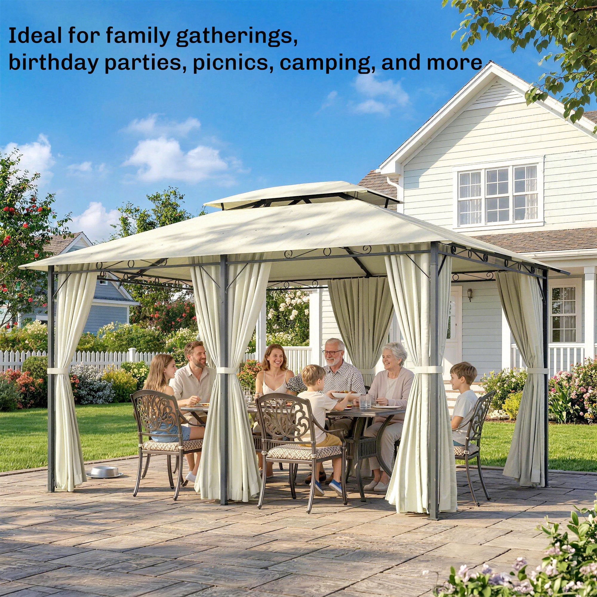 10' x 13' Patio Gazebo, Outdoor Gazebo Canopy Shelter with Curtains, Vented Roof, Steel Frame for Garden, Lawn, Backyard and Deck, Cream White