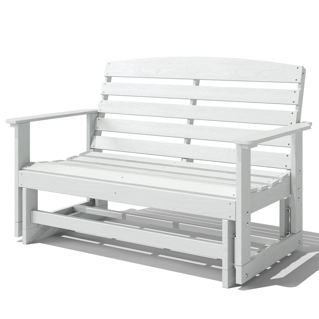 Patio Glider Bench w/ HDPE Slatted Double Rocking Chair, Distressed White