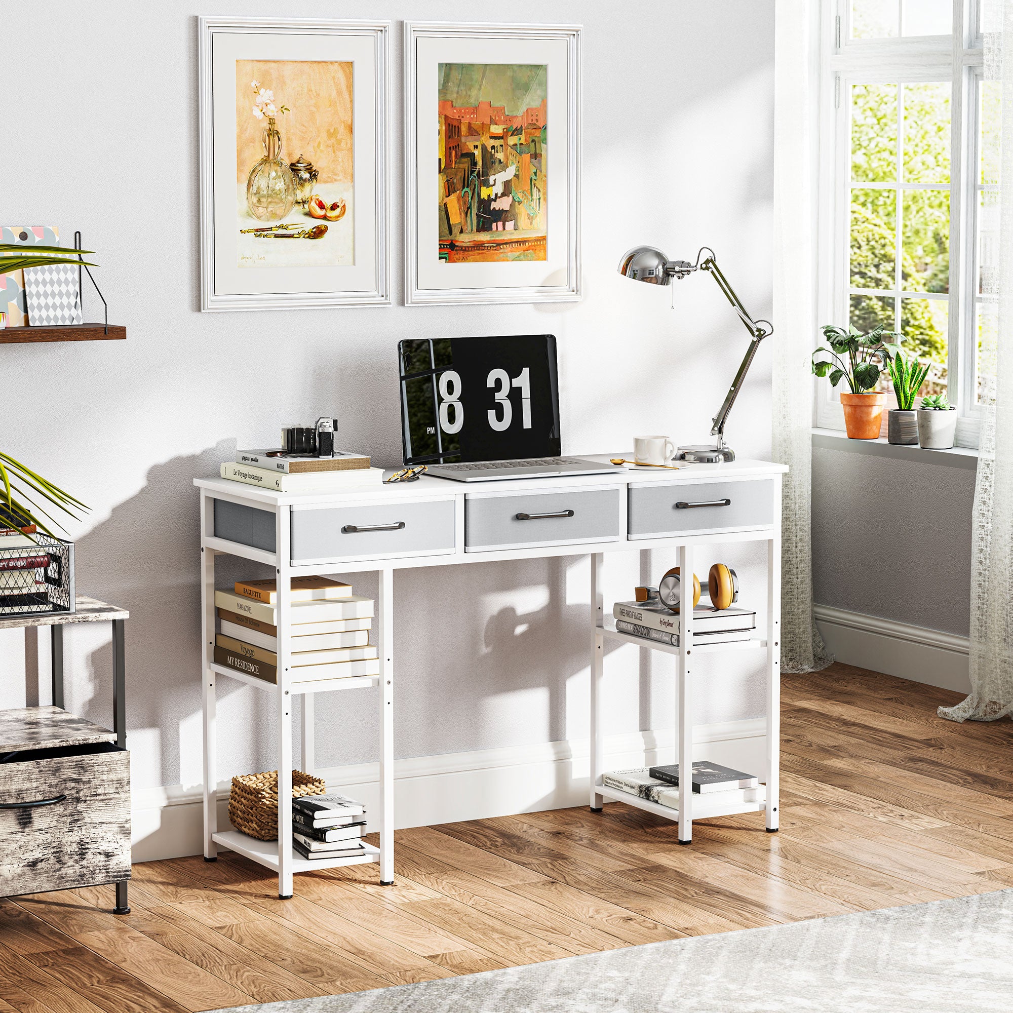 47" Small Computer Desk, Writing Desk with Fabric Drawers, Home Office Desk with Adjustable Shelves, White