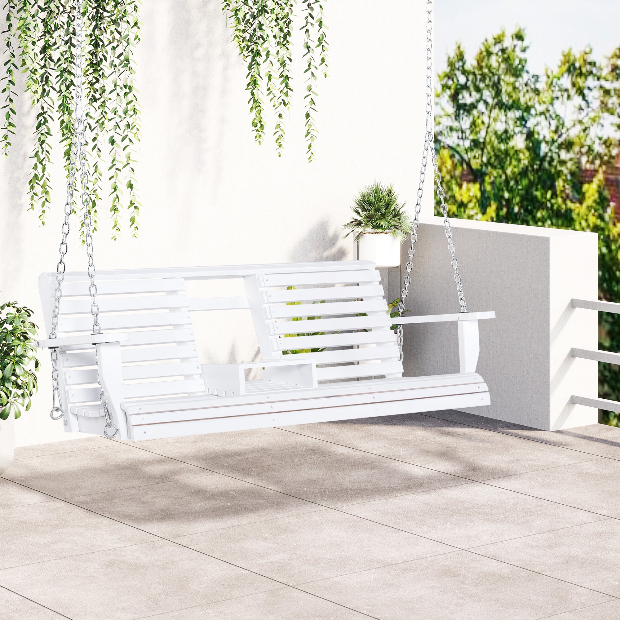 3-Seater Wooden Porch Swing, Patio Swing Bench with Folding Coffee Table, Cup Holders and Chains Included, 440lbs Weight Capacity, White