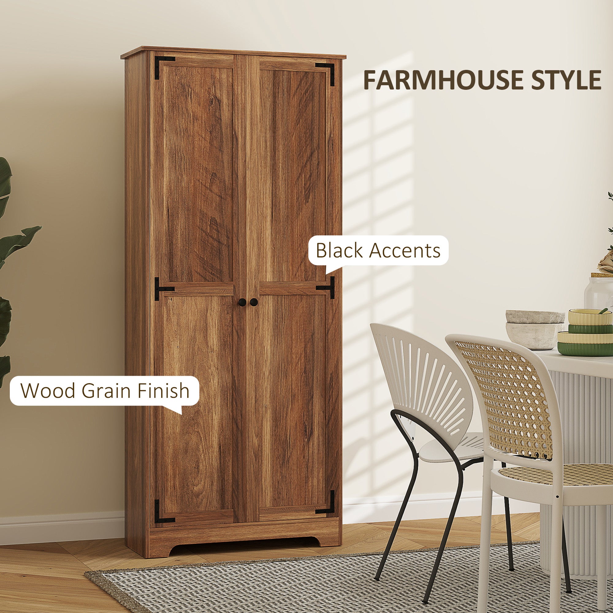 72" Farmhouse Pantry Cabinet, Freestanding Food Pantry Cabinet with Adjustable Shelves, Brown