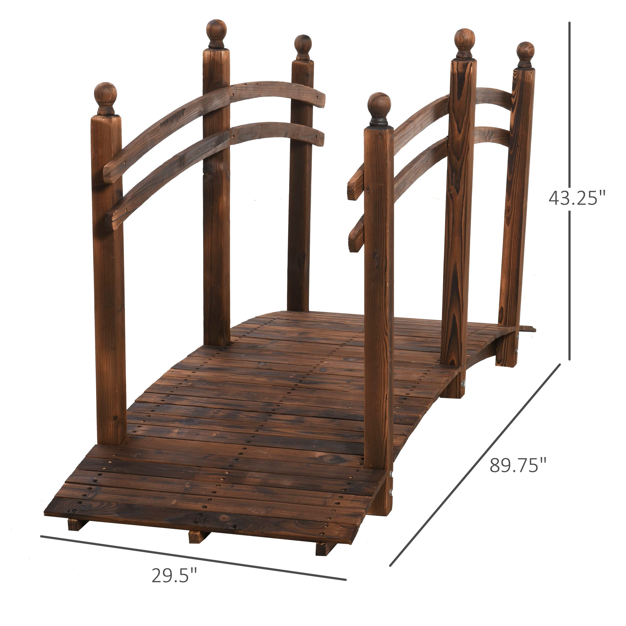 7.5' Fir Wood Garden Bridge Arc Walkway with Side Railings, Perfect for Backyards, Gardens, & Streams, Carbonized