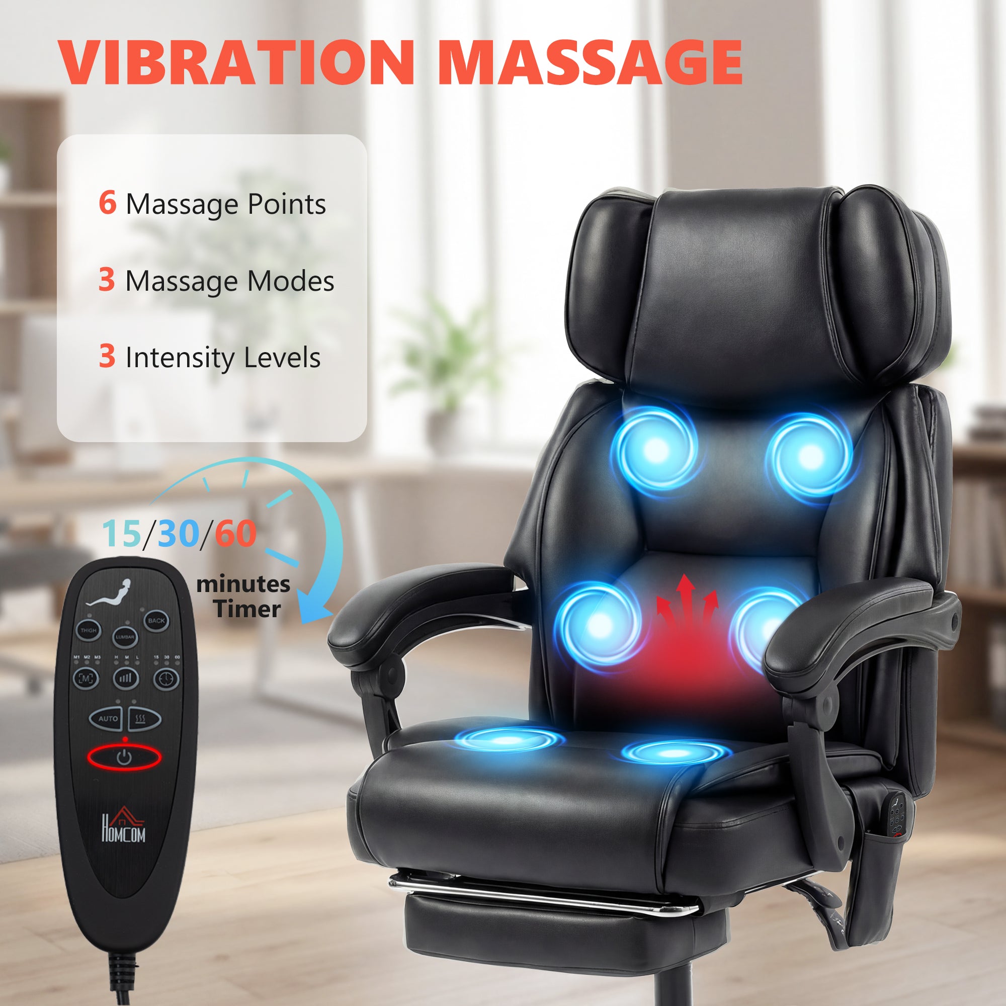 High Back Vibration Massage Office Chair Heated Reclining Computer Chair w/ Footrest, Swivel Wheels, Remote, Black