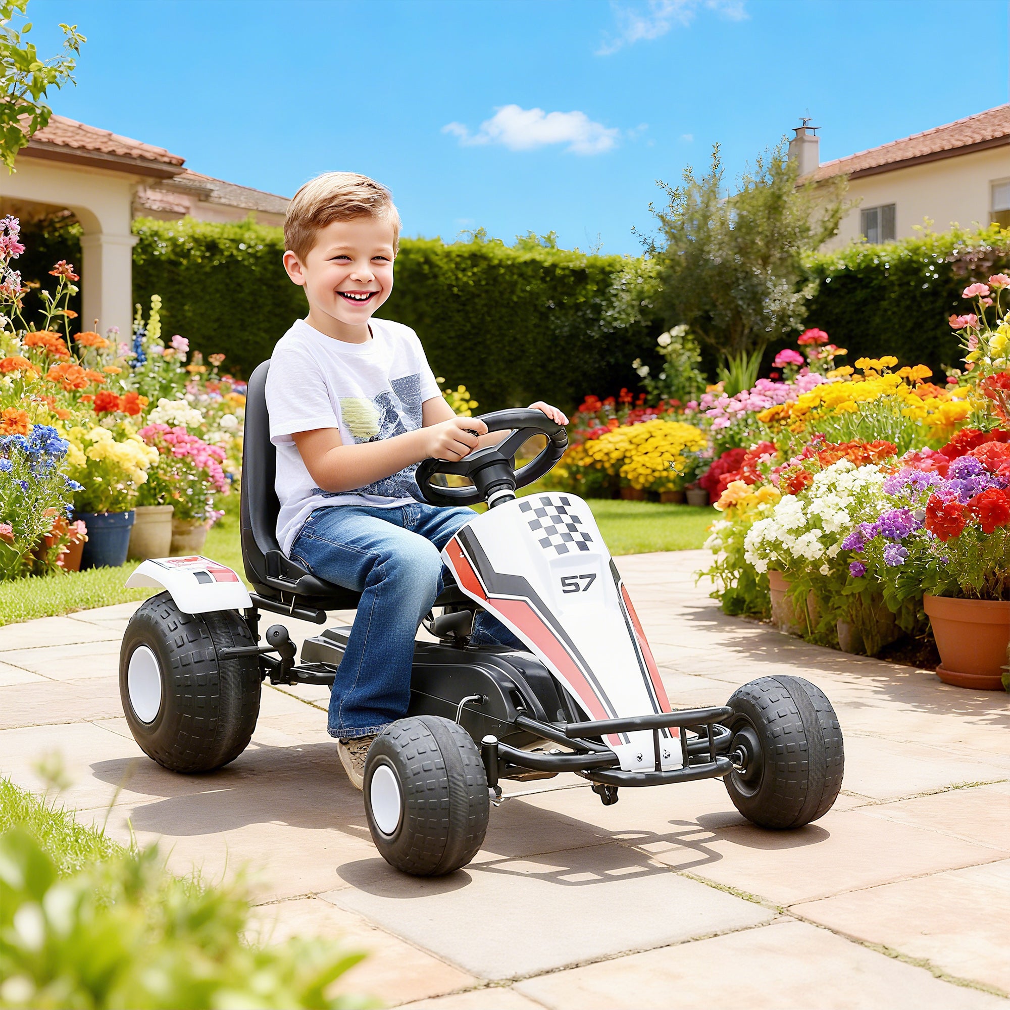 Pedal Go Kart Children Ride on Car Racing Style with Adjustable Seat, Plastic Wheels, Handbrake and Shift Lever, White