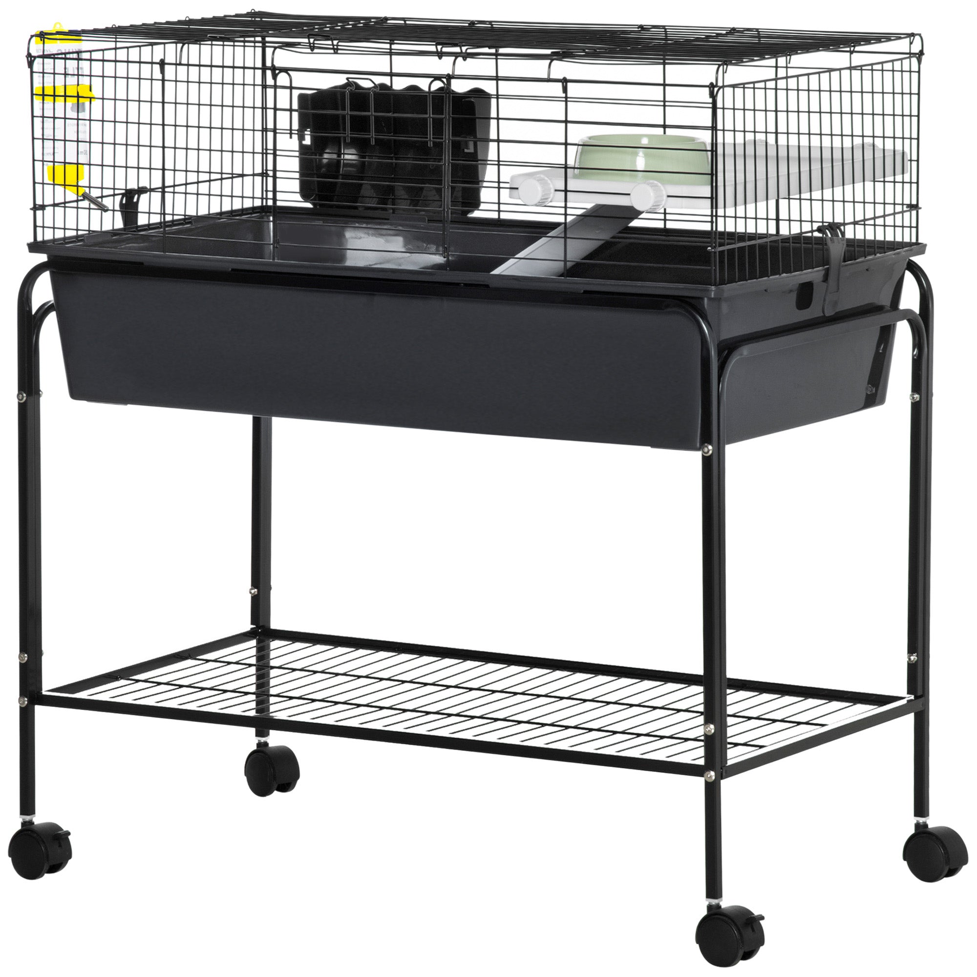 Two-Story Small Animal Cage Removable from Stand, Pet Habitat with Shelf & Wheels, 33" x 18.5" x 35", Charcoal Gray