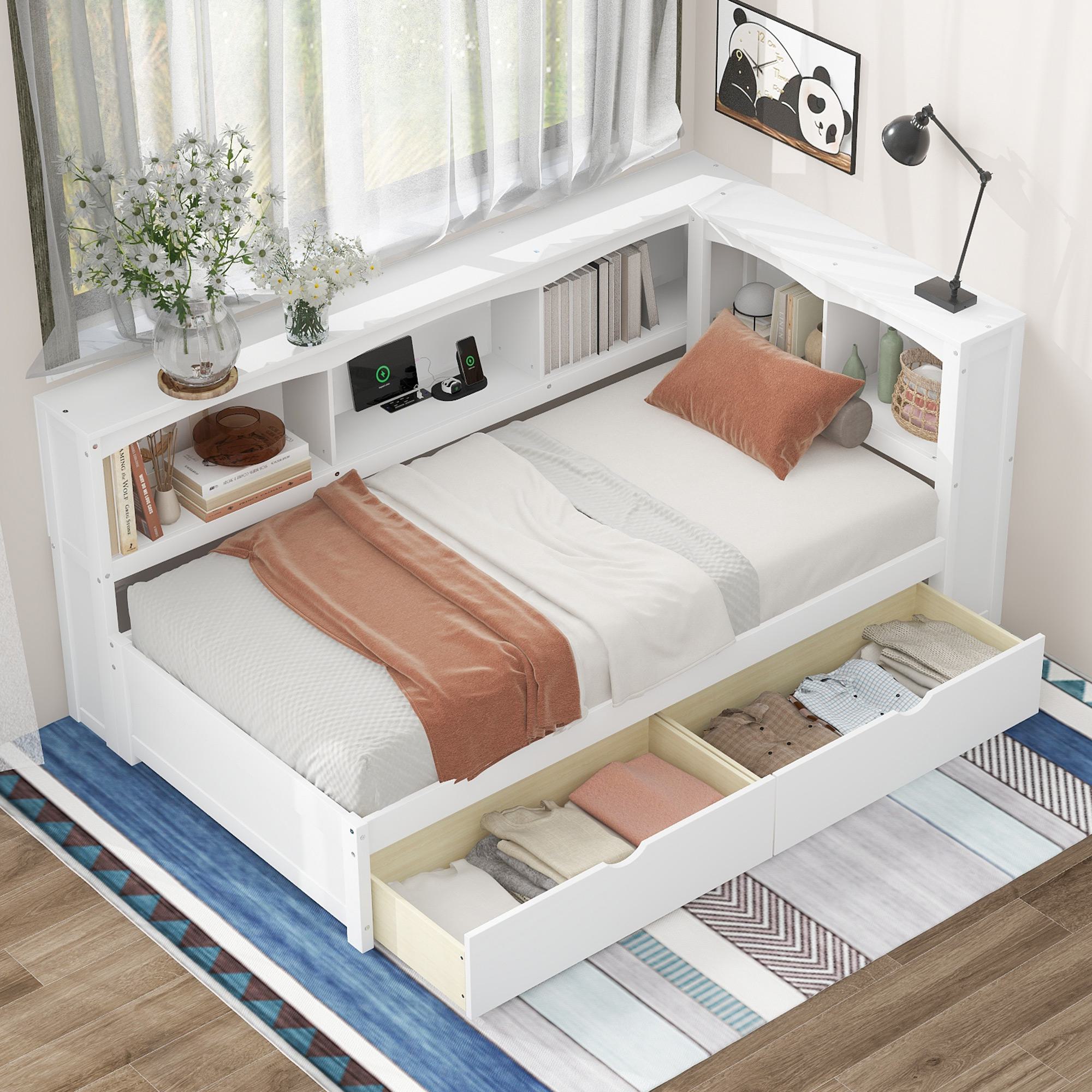 Twin Size Daybed with 2 Storage Drawers, Storage Cabinets, USB Ports, Solid Wood and MDF, 86" L x 51" W x 37.5" H, White