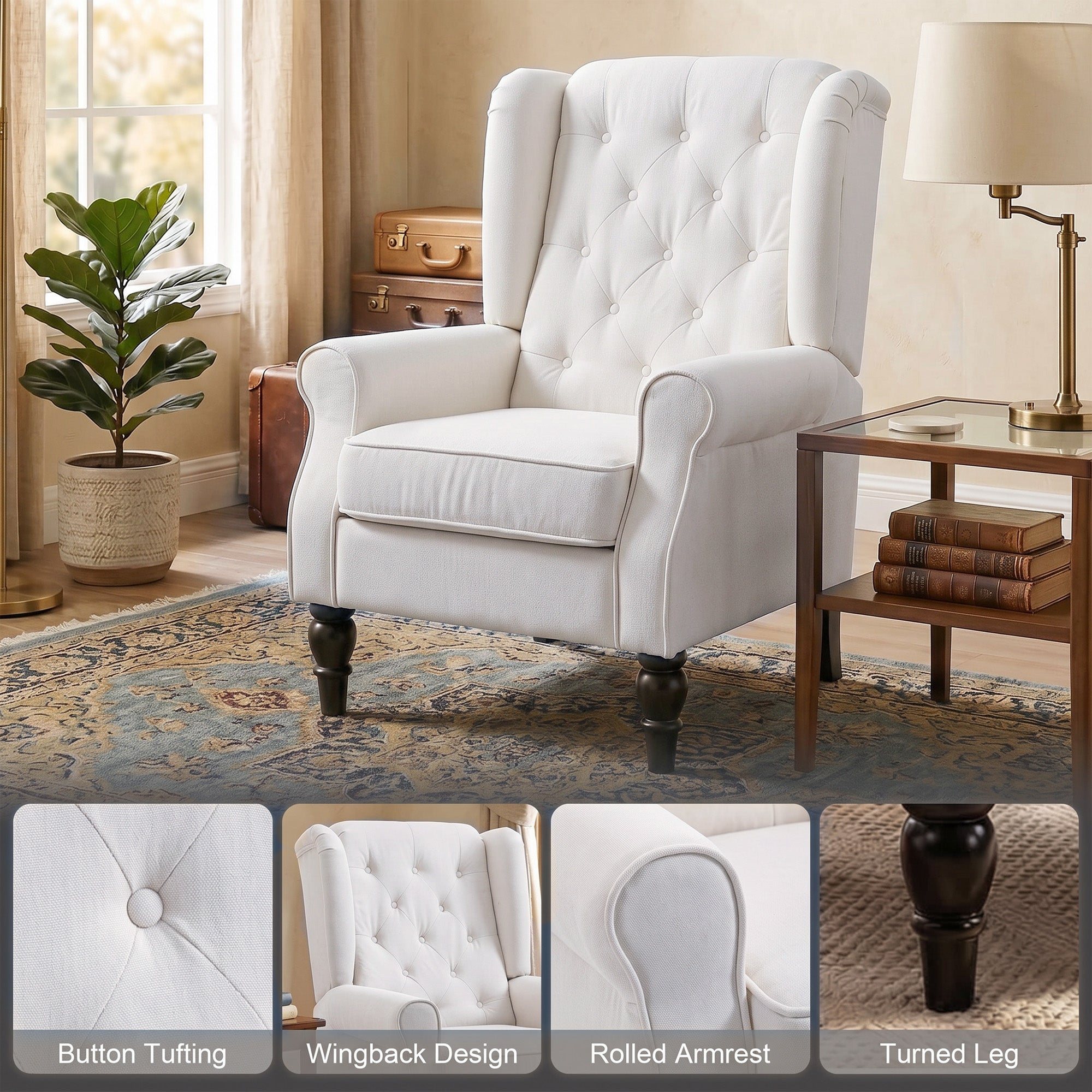 Button-Tufted Accent Chair with High Wingback, Rounded Cushioned Armrests and Thick Padded Seat, Cream White