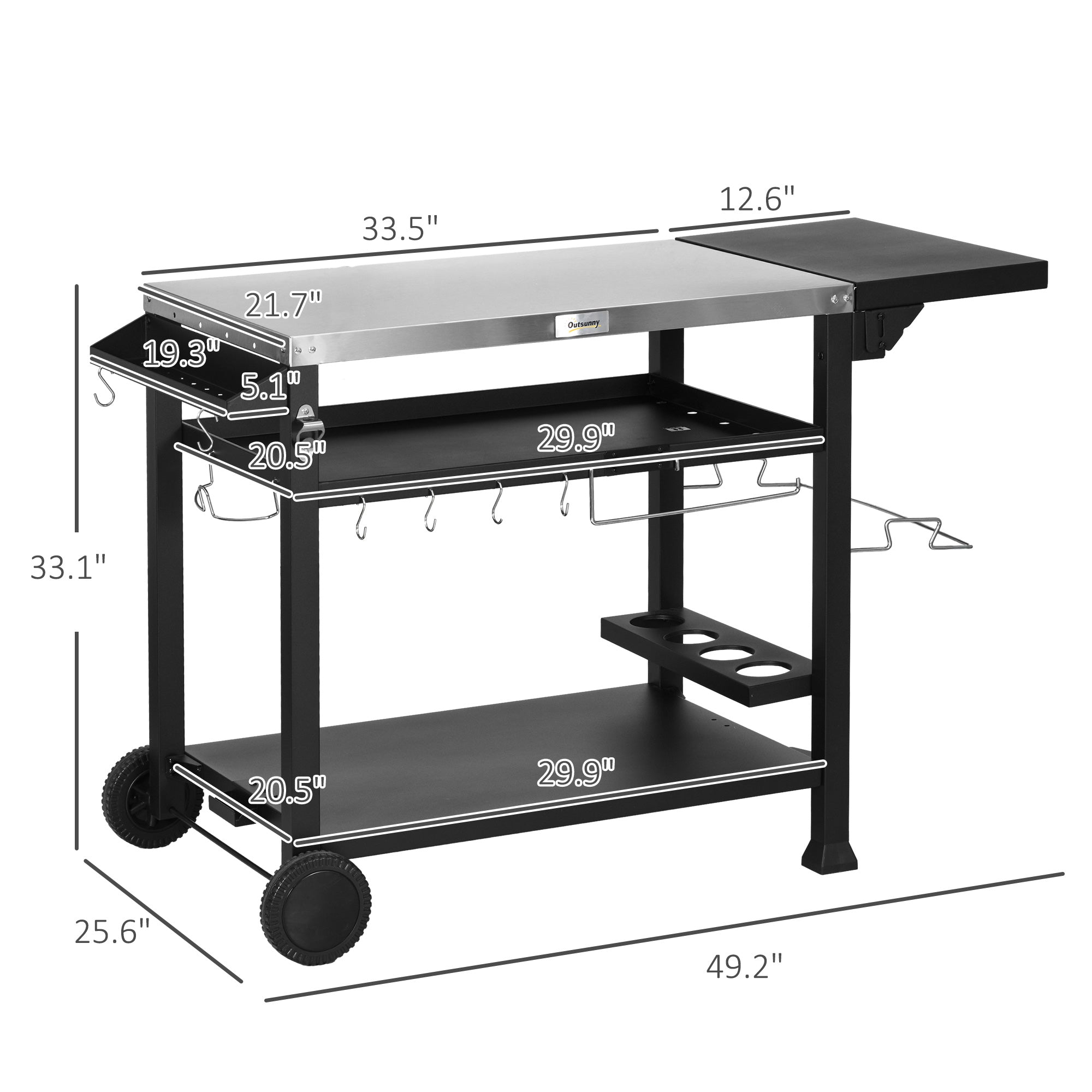 3-Shelf Outdoor Grill Cart Table with Foldable Side Table, Stainless Steel Pizza Oven Stand on Wheels, Black