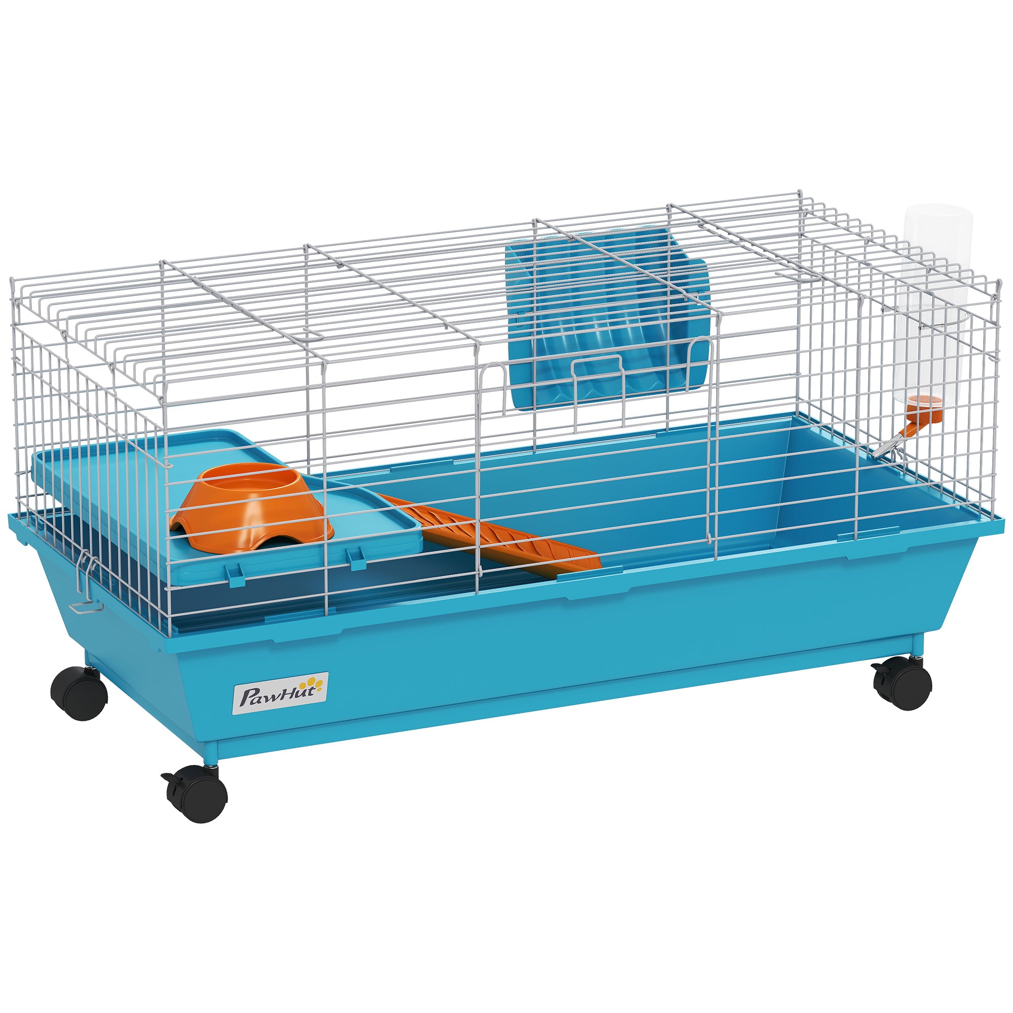 35"L Small Animal Cage, Rolling Bunny Cage, Guinea Pig Cage with Wheels, Food Dish, Water Bottle, Hay Feeder, Blue