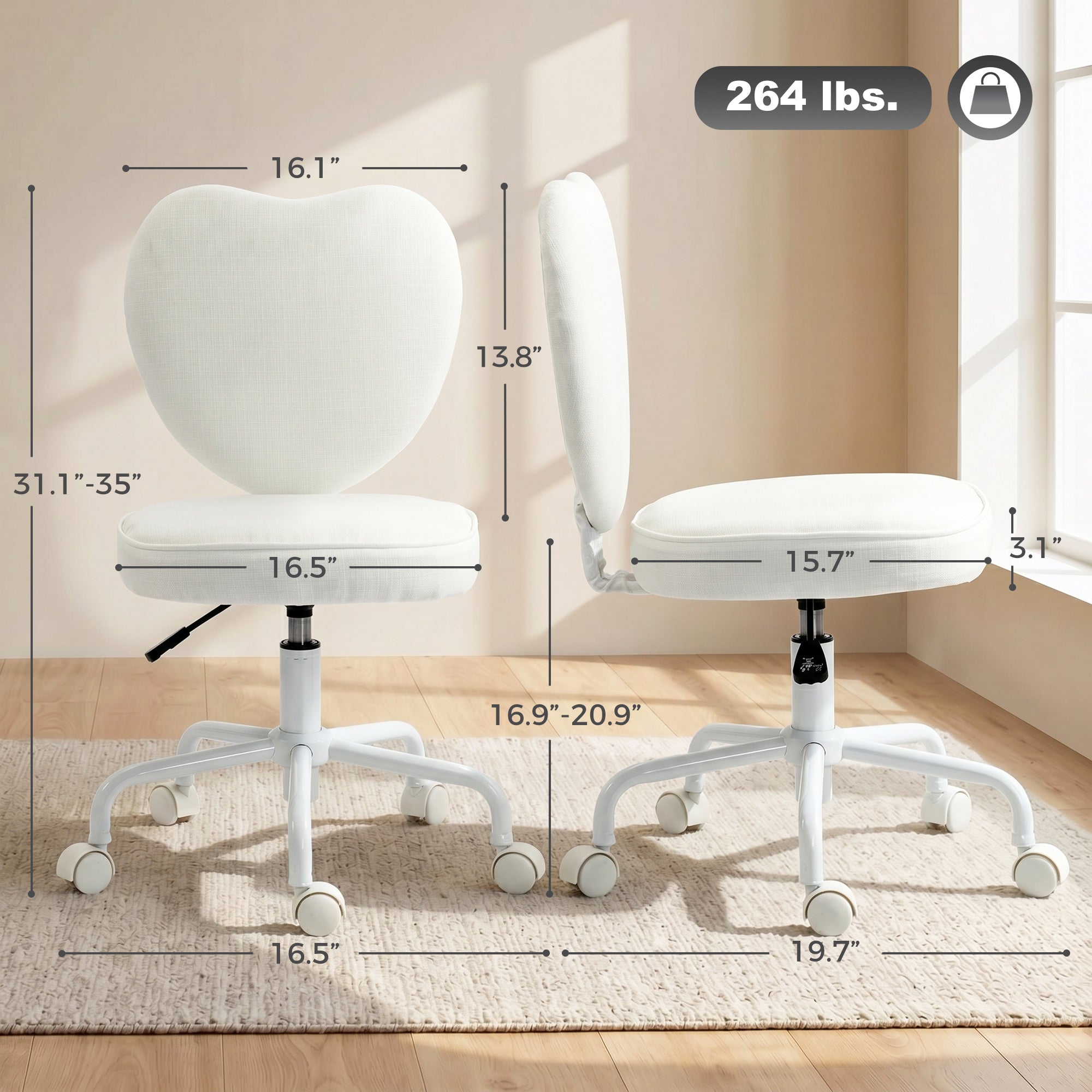 Heart Love Shaped Back Design Vanity Chair, Office Chair with Adjustable Height and 360 Swivel Castor Wheels, White
