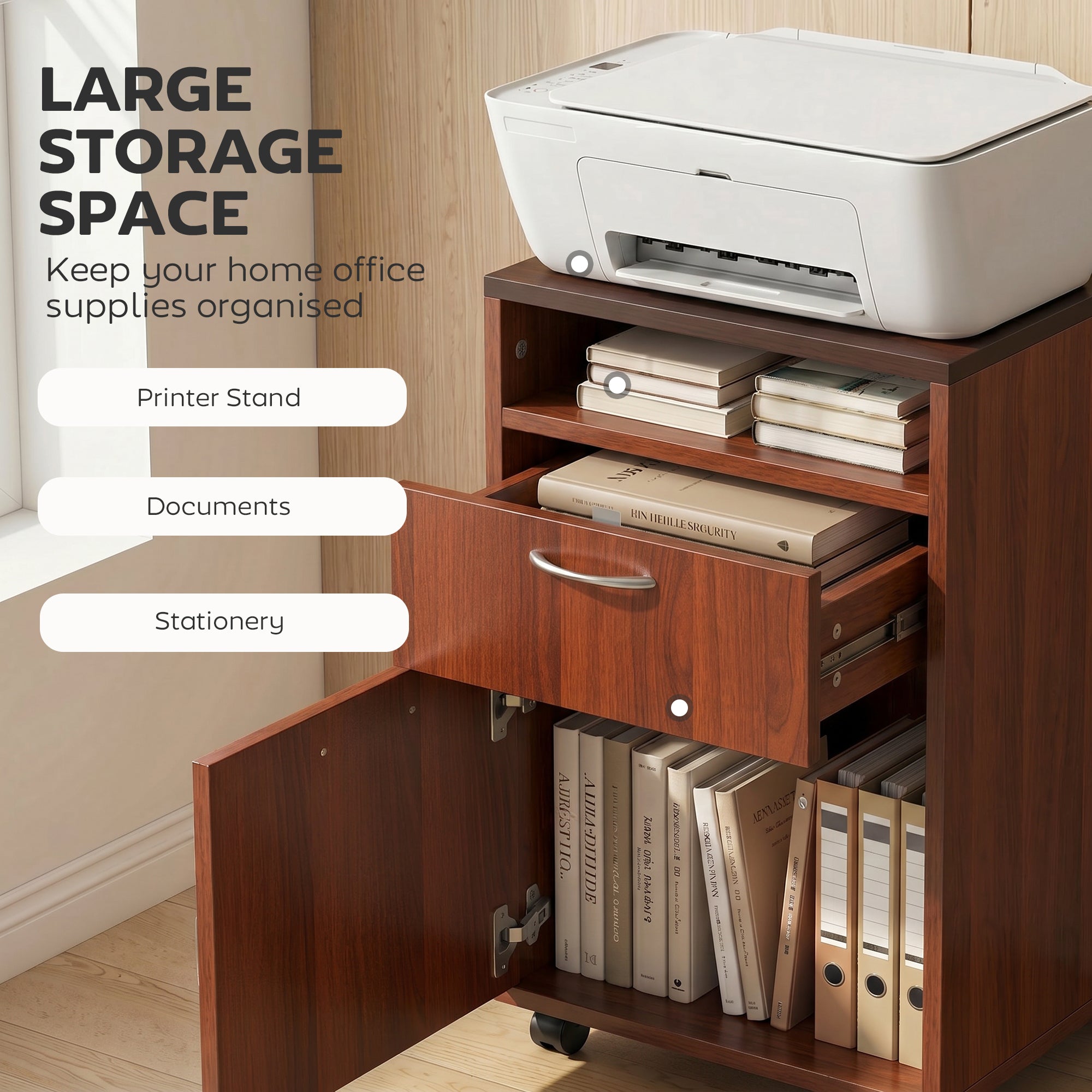 Mobile Storage Cabinet Organizer with Drawer and Cabinet, Printer Stand with Castors, Brown