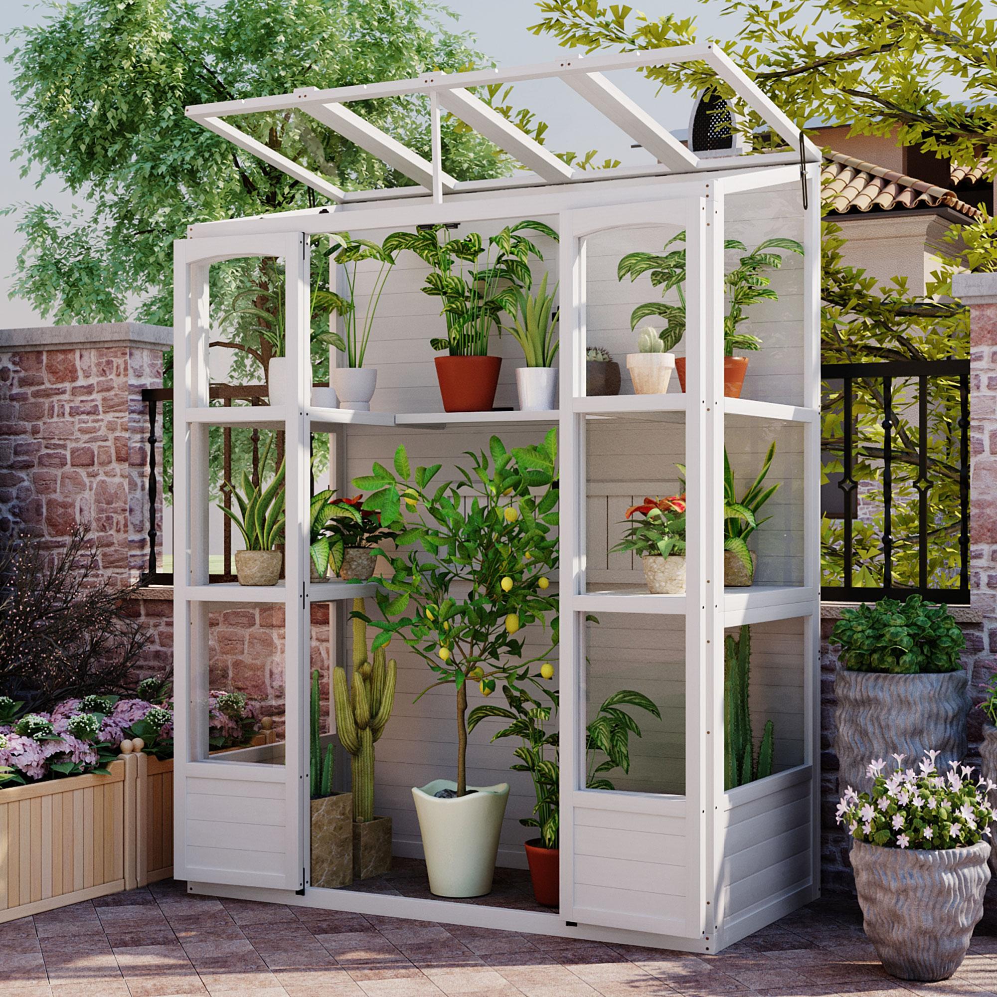 Walk-In Greenhouse with 4 Skylight & 2 Folding Shelf, Wood Cold Frame with Polycarbonate Panel for Garden, 58'' L x 29'' W x 78'' H, White