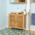 Freestanding Bathroom Sink Cabinet, Bamboo Under Sink Cabinet Cupboard Organizer with 2 Slatted Doors, Natural