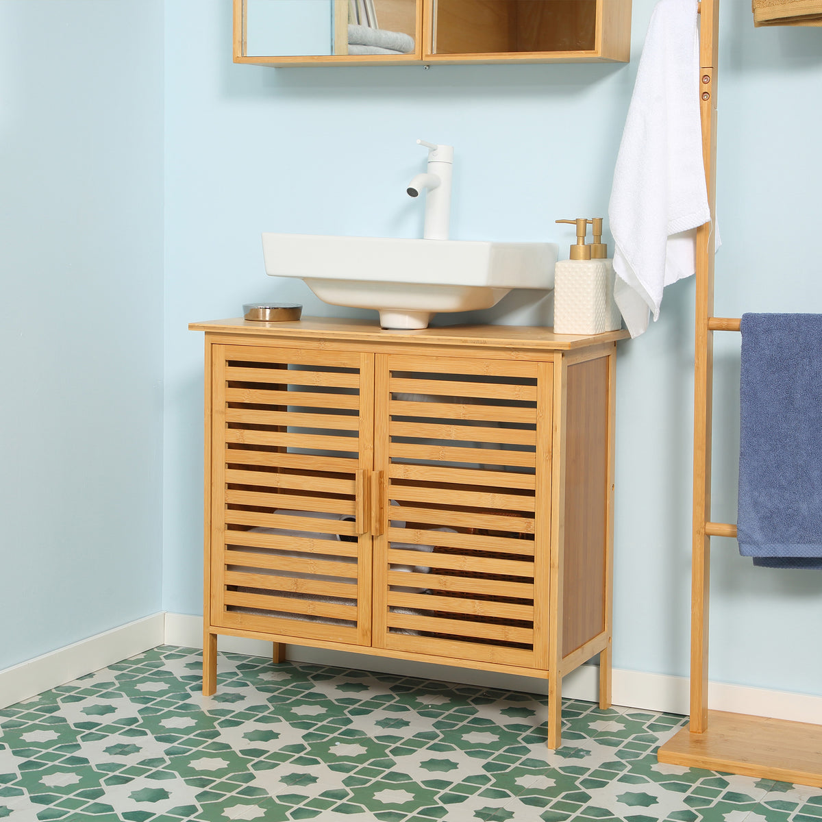 Freestanding Bathroom Sink Cabinet, Bamboo Under Sink Cabinet Cupboard Organizer with 2 Slatted Doors, Natural