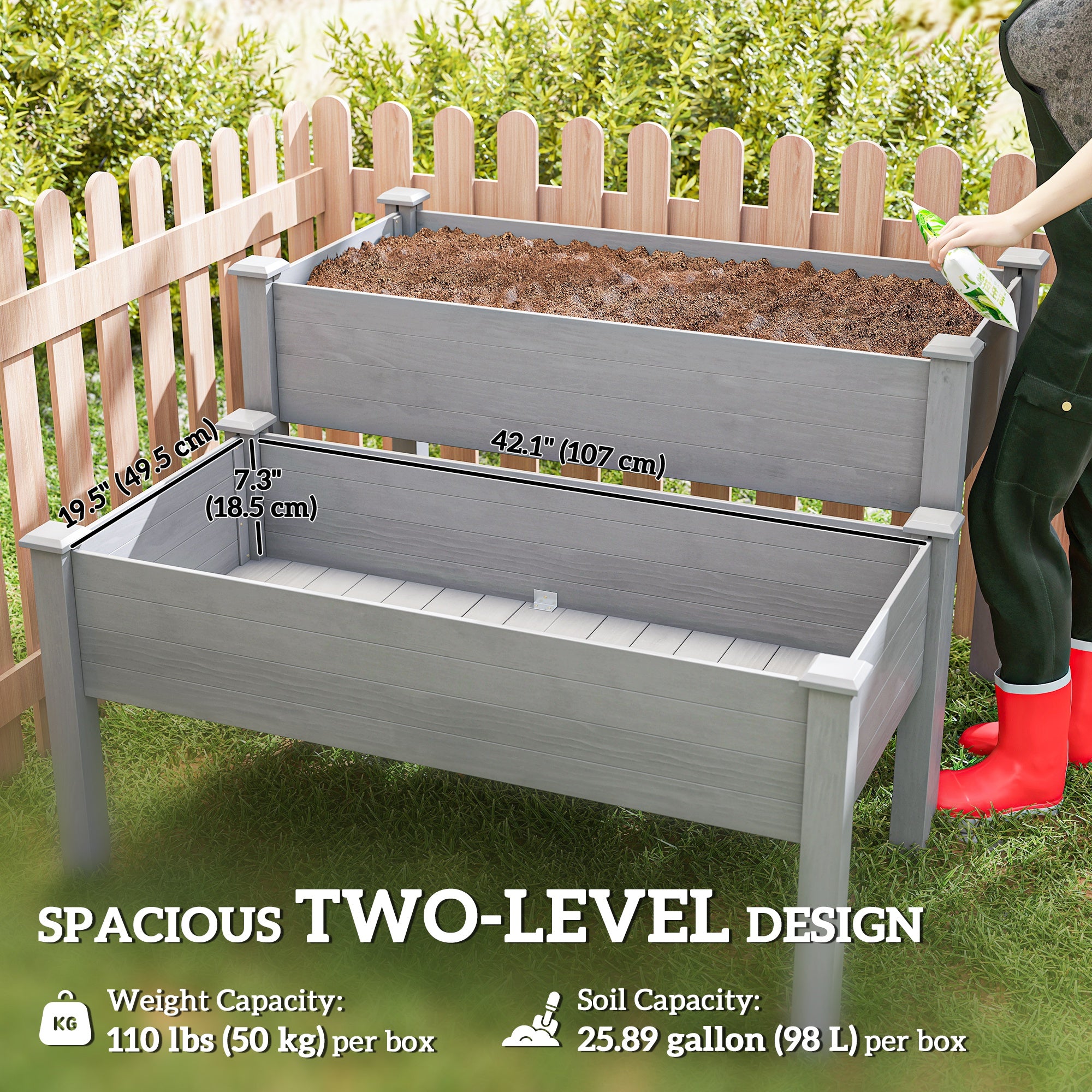 2 Tier Raised Garden Bed, Wooden Elevated Planter Box with Legs, Outdoor Plant Bed for Flowers Vegetables Herbs Gray