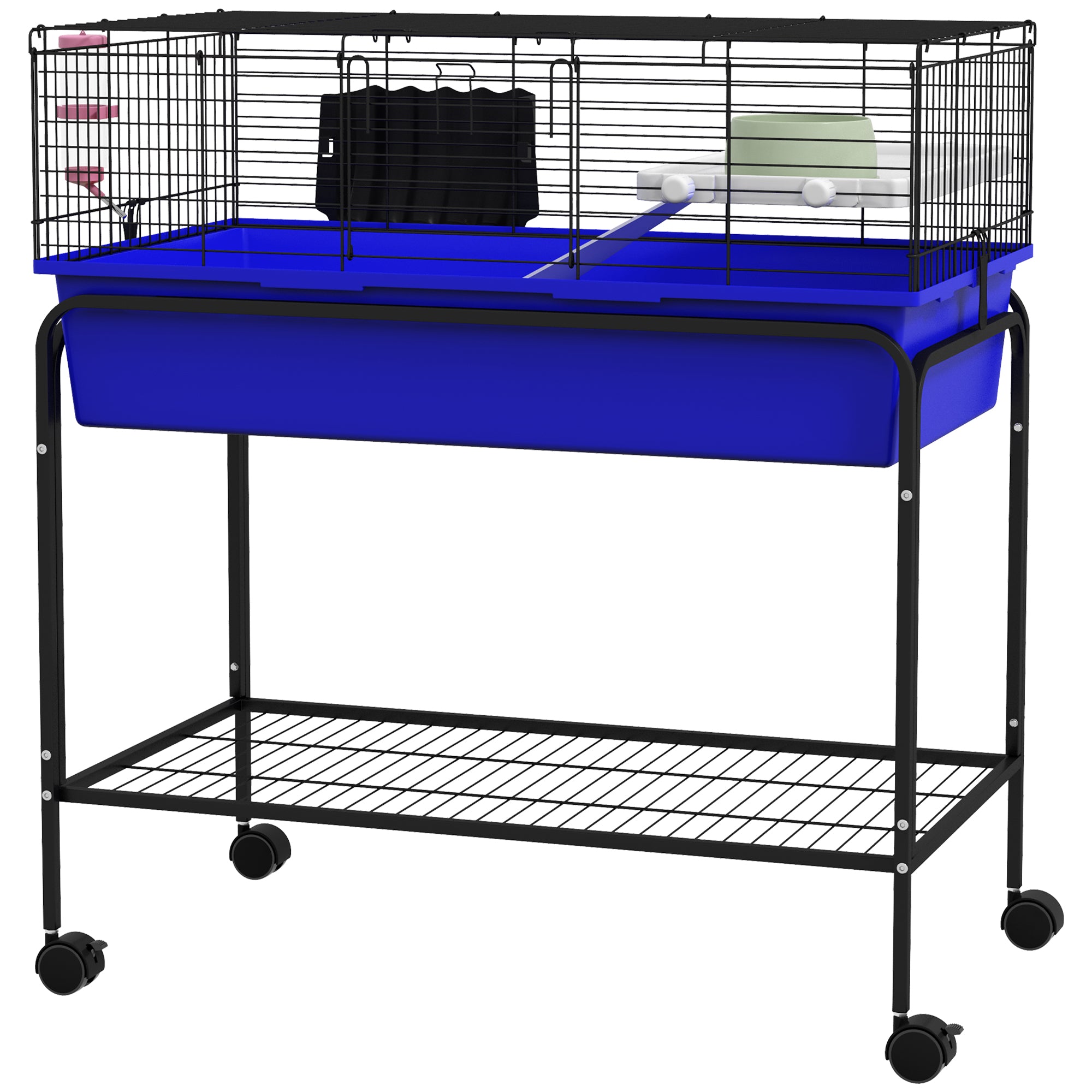 Two-Story Small Animal Cage Removable from Stand, Pet Habitat with Shelf & Wheels, 33" x 18.5" x 35", Blue