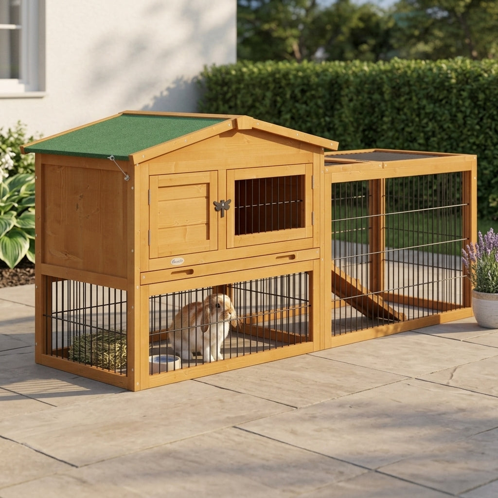 2 Level 59" Outdoor Rabbit Hutch with Openable Top, Yellow