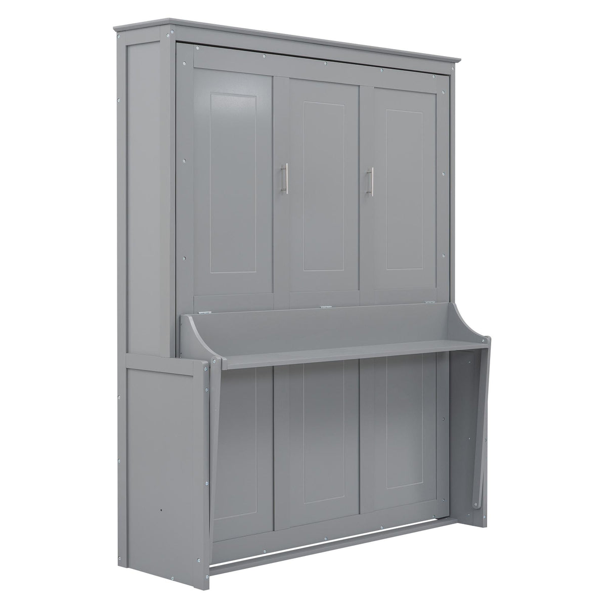 Space-Saving Design Queen Size Murphy Bed with Shelf, Solid Wood and MDF, 86" L x 69.5" W x 87" H, Gray