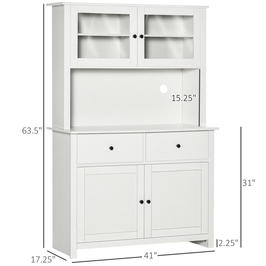 63.5" Kitchen Buffet with Hutch, Pantry Storage Cabinet with 4 Shelves, Drawers, Framed Glass Doors, Open Microwave Countertop, Antique White