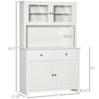 63.5" Kitchen Buffet with Hutch, Pantry Storage Cabinet with 4 Shelves, Drawers, Framed Glass Doors, Open Microwave Countertop, Antique White