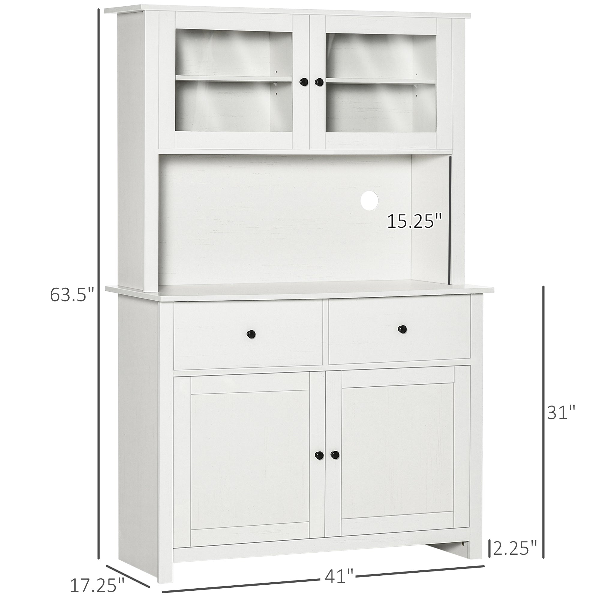 63.5" Kitchen Buffet with Hutch, Pantry Storage Cabinet with 4 Shelves, Drawers, Framed Glass Doors, Open Microwave Countertop, Antique White