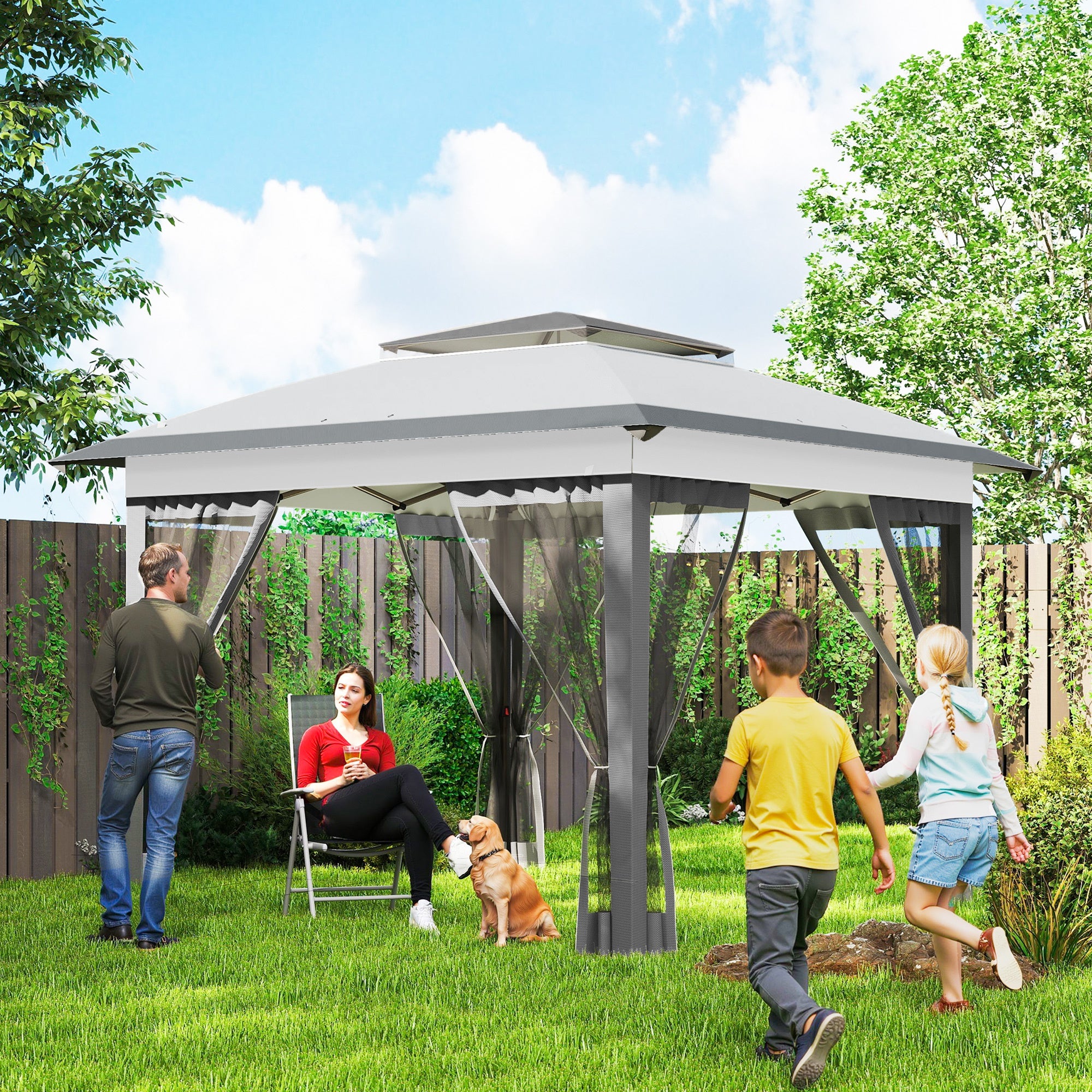 12' x 12' Pop Up Canopy Tent with Netting and Carry Bag, Instant Sun Shelter with 137 sq.ft Shade, Tents for Parties, Height Adjustable, for Outdoor, Garden, Patio, Gray