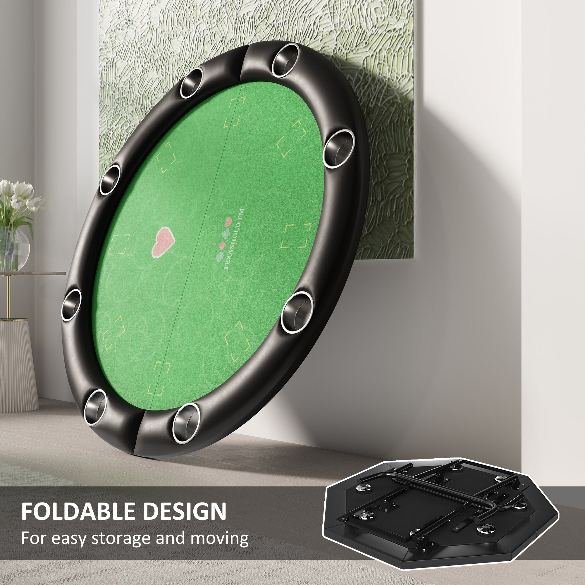 Poker Table Foldable 47" Round Casino Folding Game Table for 8 Players with Cup Holders, Green
