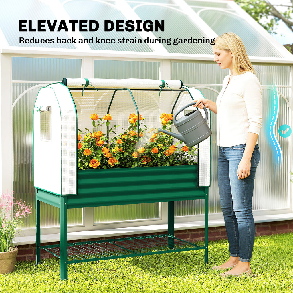 Galvanised Raised Garden Bed with Greenhouse Cover, Metal Elevated Garden Bed with Bed Liner, Bottom Shelf, Green