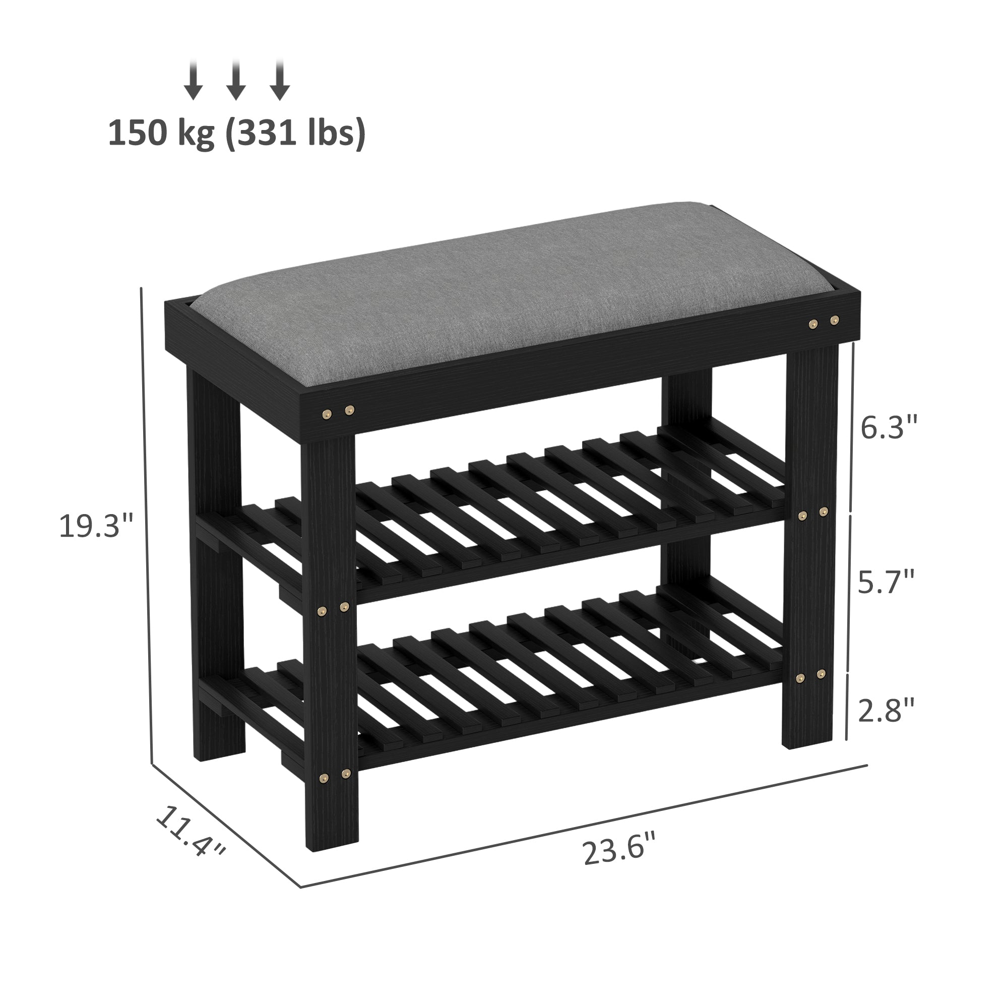Bamboo Shoe Storage Bench, 3-Tier Entryway Bench with Cushion, Shoe Organizer for Entryway, Hallway, Black