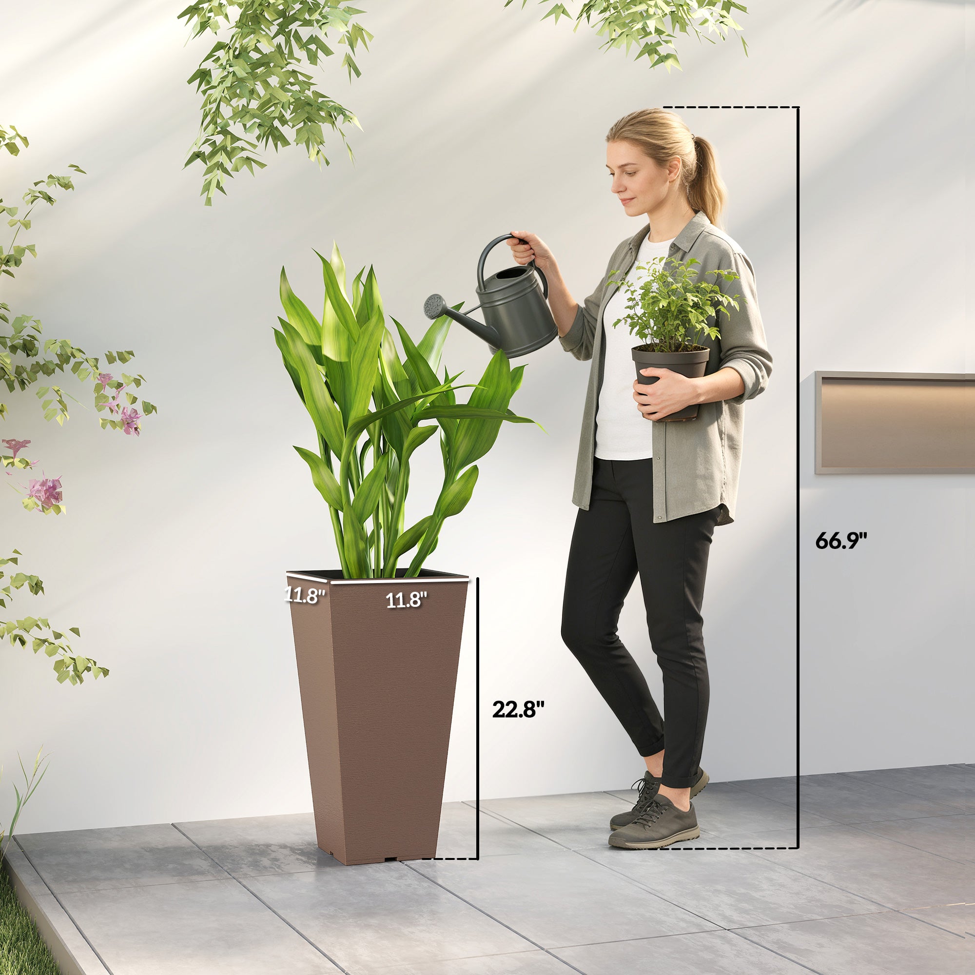 23 Inch Tall Planters for Outdoor Plants, Set of 2 Plastic Flower Pots, for Front Door Patio Garden Use, Brown