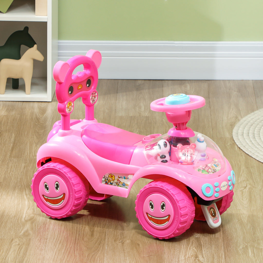 Foot to Floor Toddler Push Car w/ Horn, Light, Music, Anti-Over-Backwards Device & Underseat Storage, Pink