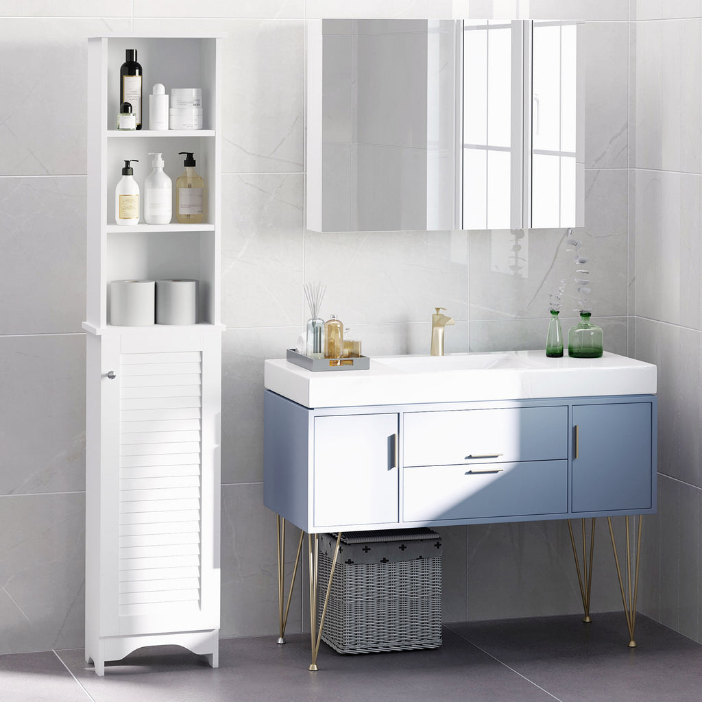 Tall Bathroom Storage Cabinet/Freestanding Linen Tower with 3-Tier Open Adjustable Shelf and Cupboard, White