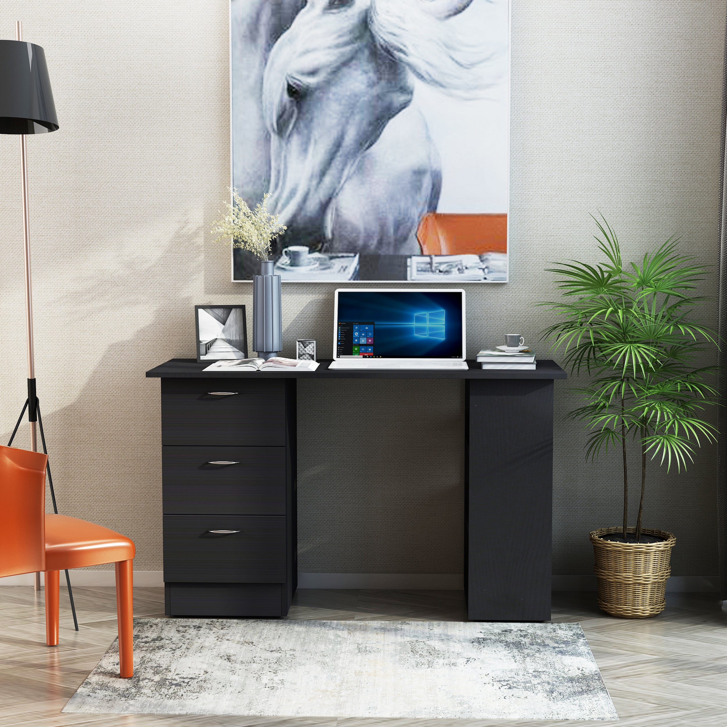47" Home Office Computer Desk Bookcase Combo, Writing Table Workstation with 3 Drawer and Storage Shelf - Black